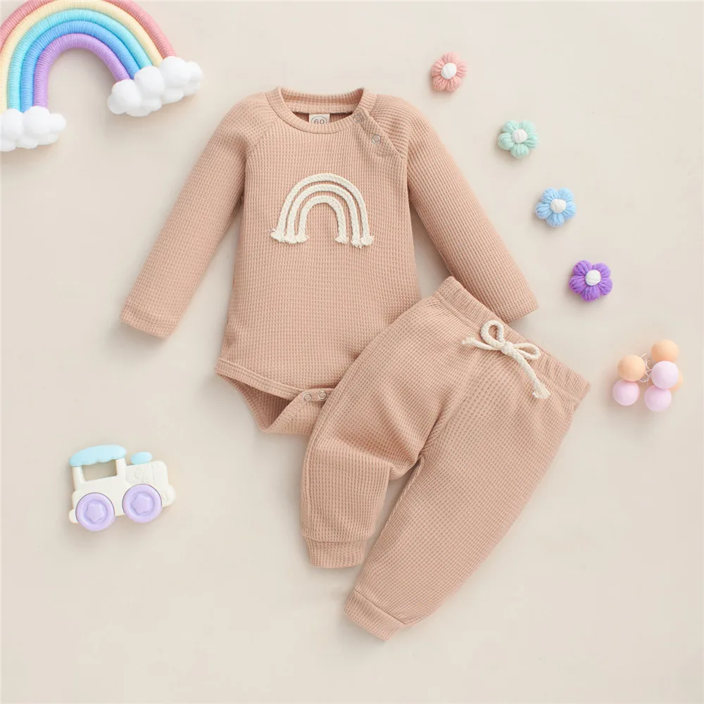Baby Boy Girls 2Pcs Outfits Toddler Rainbow Print Waffle Knitted Long Sleeve Rompers Pants Newborn Infant Spring Autumn Clothes baby dress set for girl