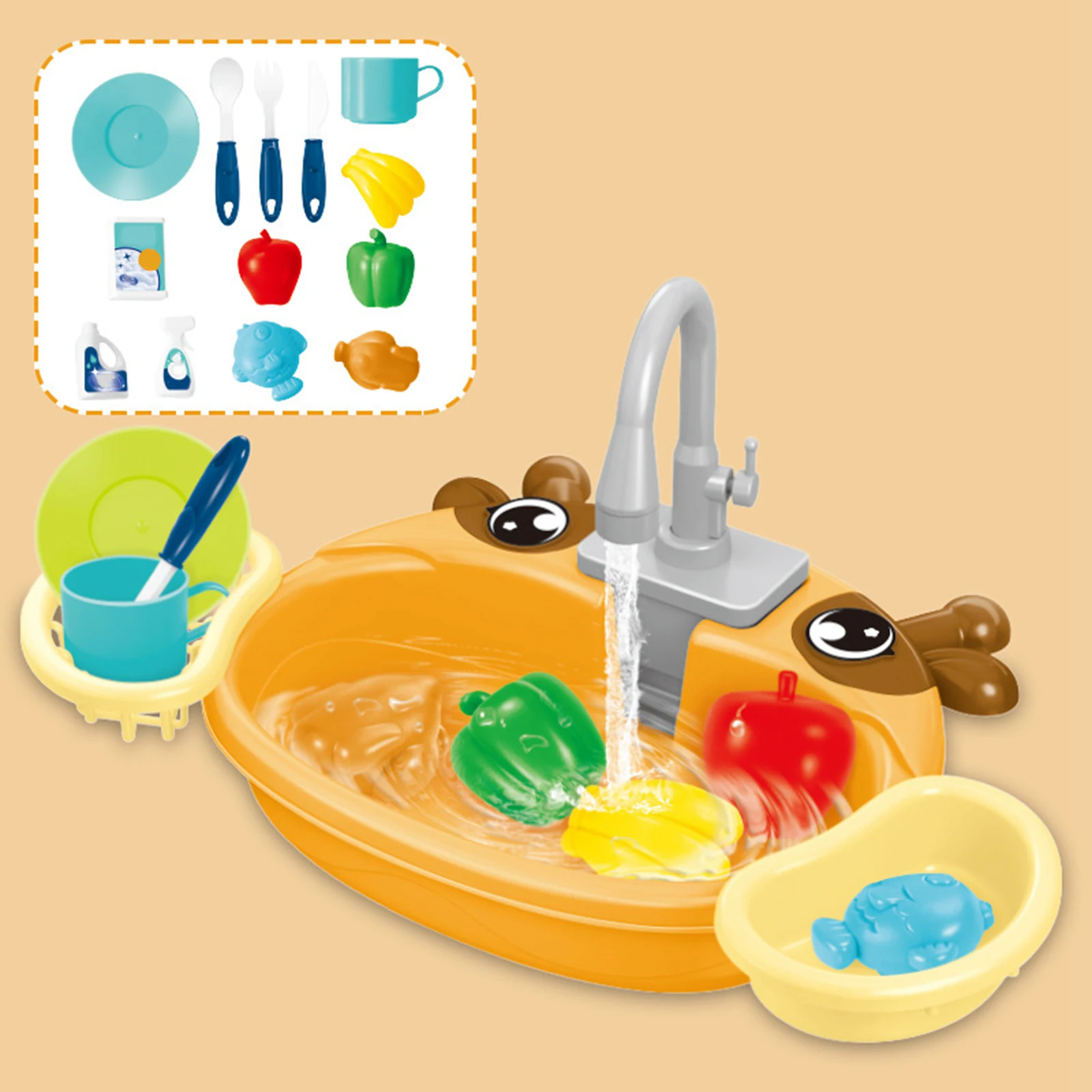 Kitchen Sink Toy Automatic Water Circuit System Sensory with Flowing Water Cleaning Montessori Sink Dishwashing Set for Kitchen