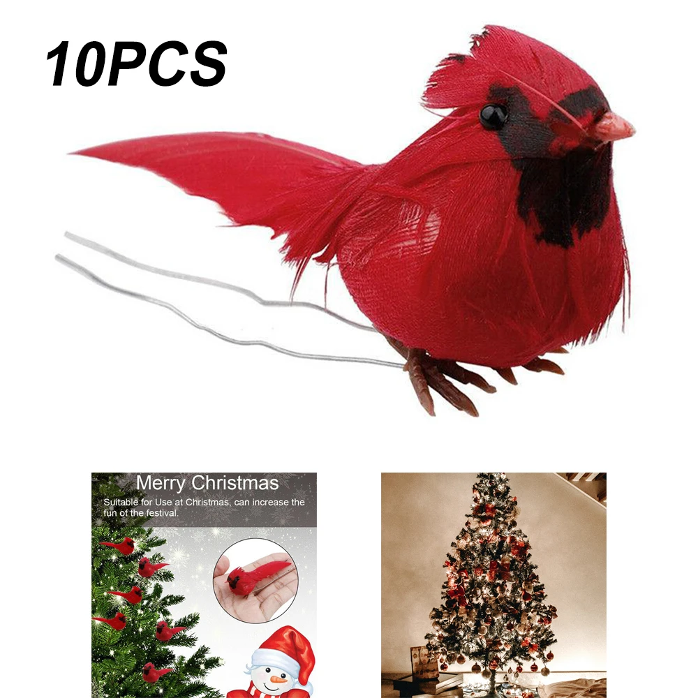 Cardinal Clip-on Christmas Tree Ornaments, Set of 10 Cardinals and Metal Clips Attached, Small Artificial Birds for Crafts