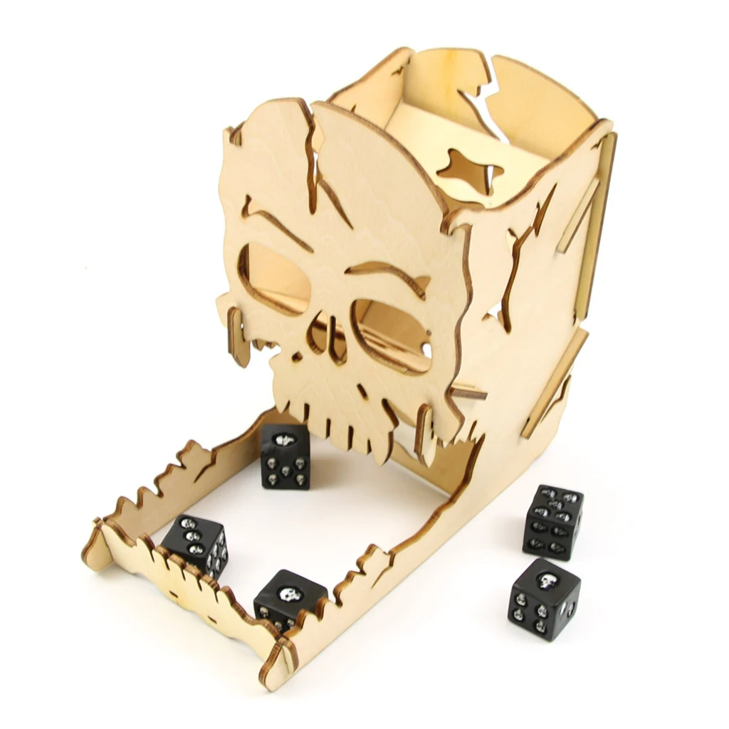 Dice Tower And Tray Wood Skull Carving Dice Easy Roller for RPG Board Games