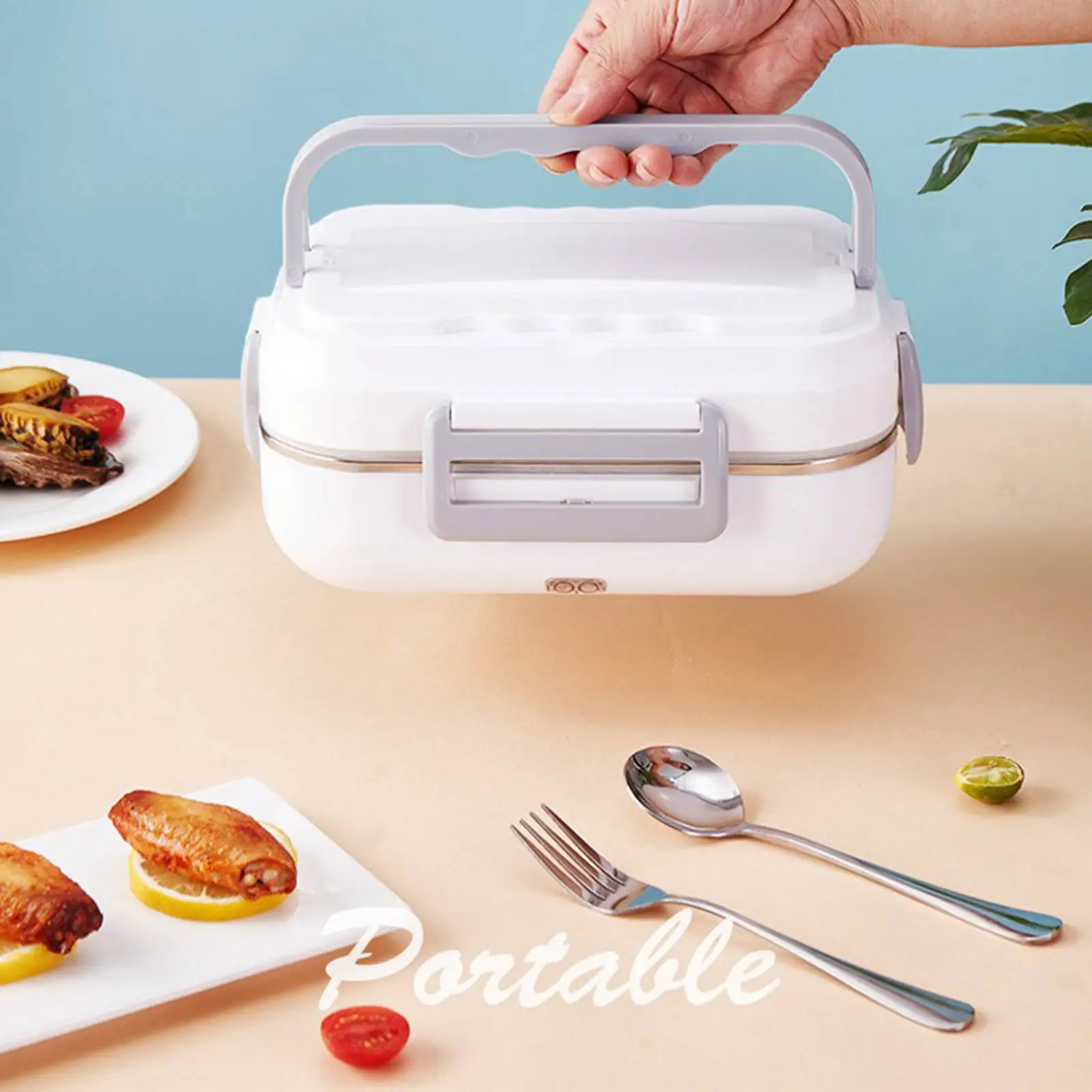 Stainless Steel Dual Use Electric Lunch Box 2 in 1 Heated Container With Cutlery Box Phone Holder Easy to Clean US Adpater