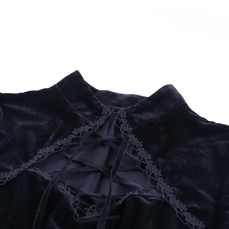 Elegant Lady Retro Black Velvet Mini Dress Sexy Hollow Out Bandage Puff Sleeve Slim Fit Dress Mall Grunge Gothic Streetwear
