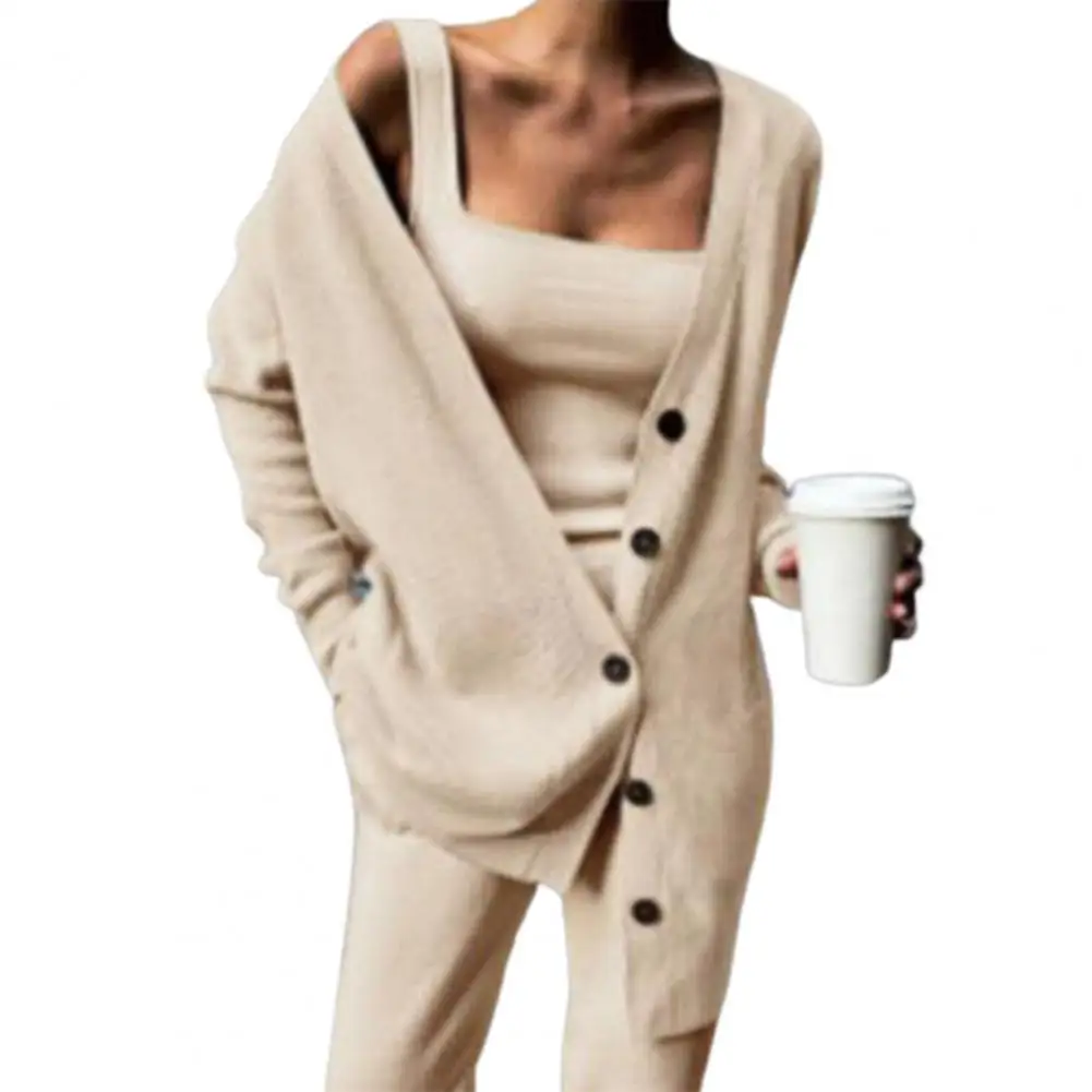 1 Set Vest Coat Pants Set Solid Color Knitted Three-piece Single-breasted Cardigan Sweater Trousers Vest for Daily Wear pant suits for older ladies