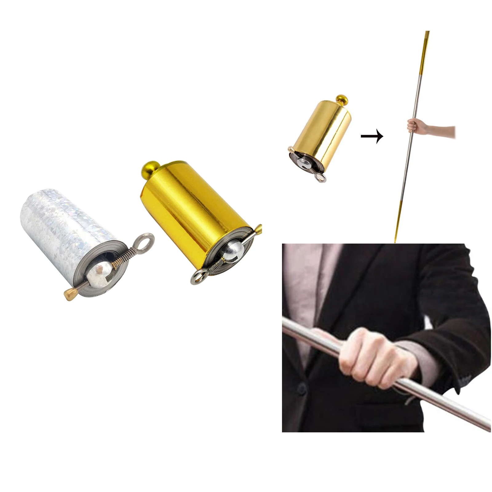 2Sets 110cm Golden Metal Appearing Cane with Teaching Cards, Pocket Staff magician Stage magician Trick for Amateur Beginners  