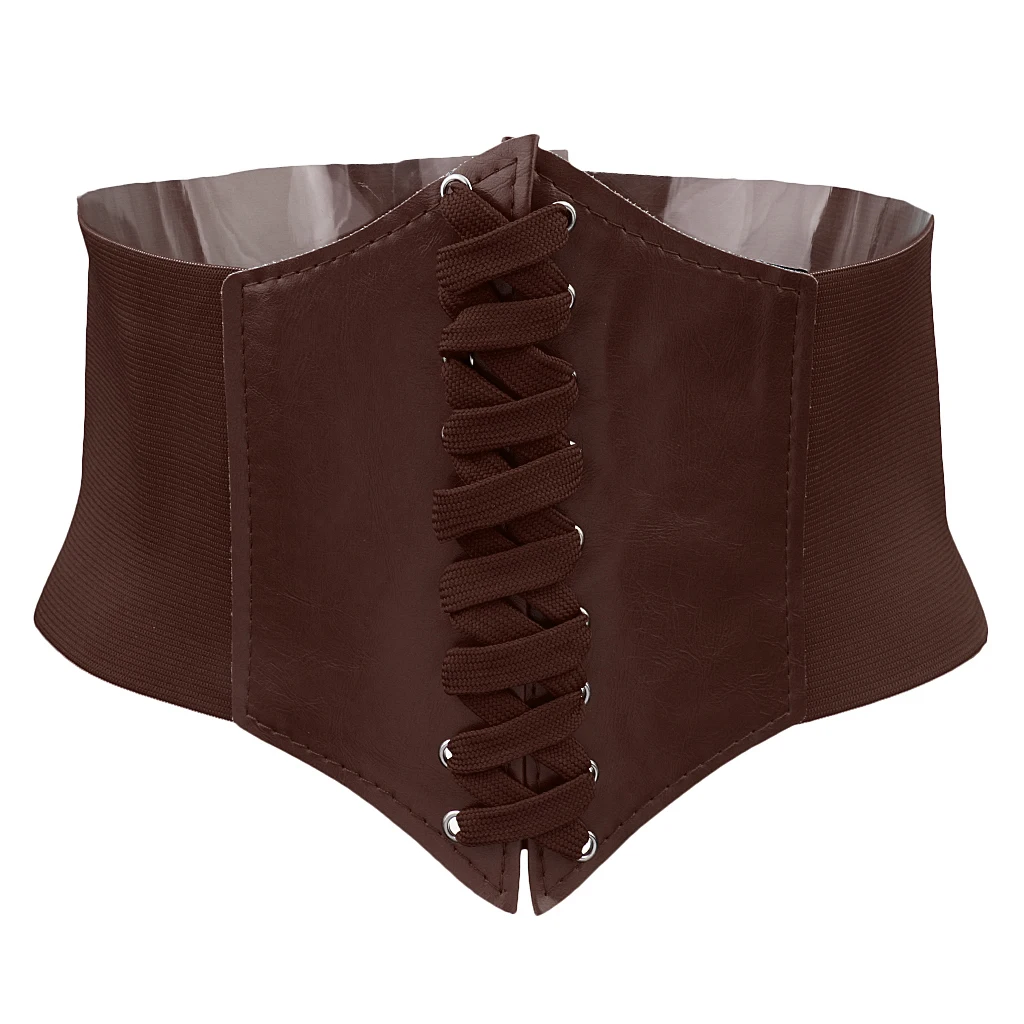 Womens Ladies Faux Leather Wide Elastic Buckle waist belt Brown