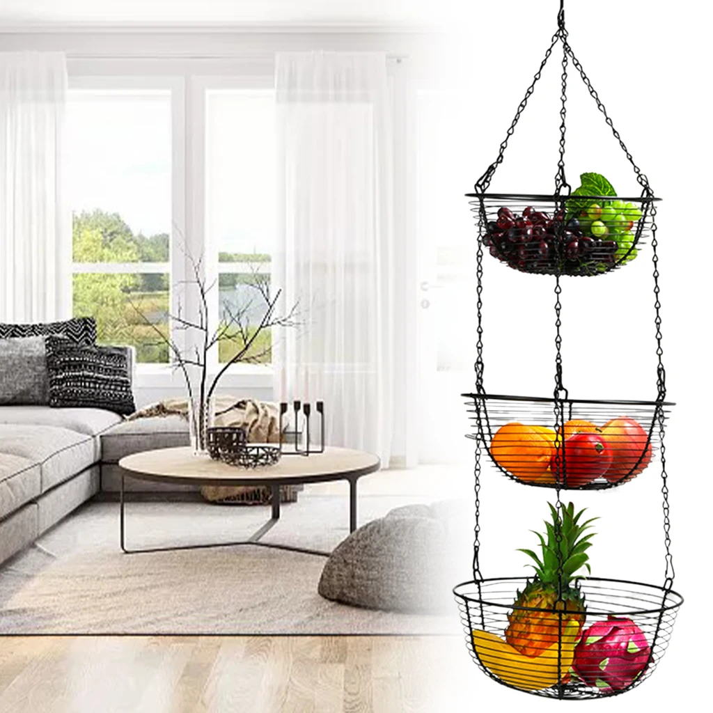 3-Tiers Hanging Fruit Basket Modern Style Black Fruit Organizer Holder for Vegetables Snacks Modern Home Kitchen Living Room