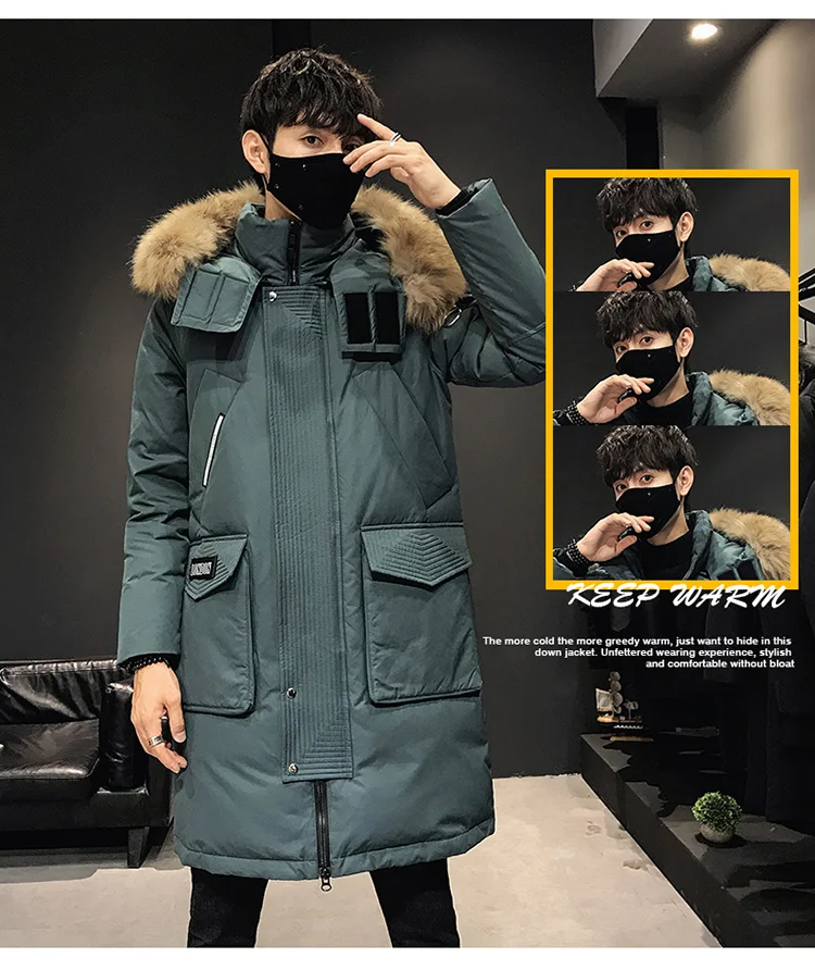 Winter Jacket Men's Trend Thickening Mid-Length Large Fur Collar Outdoor Youth Men's Down Jacket Korean Running Gay black puffer