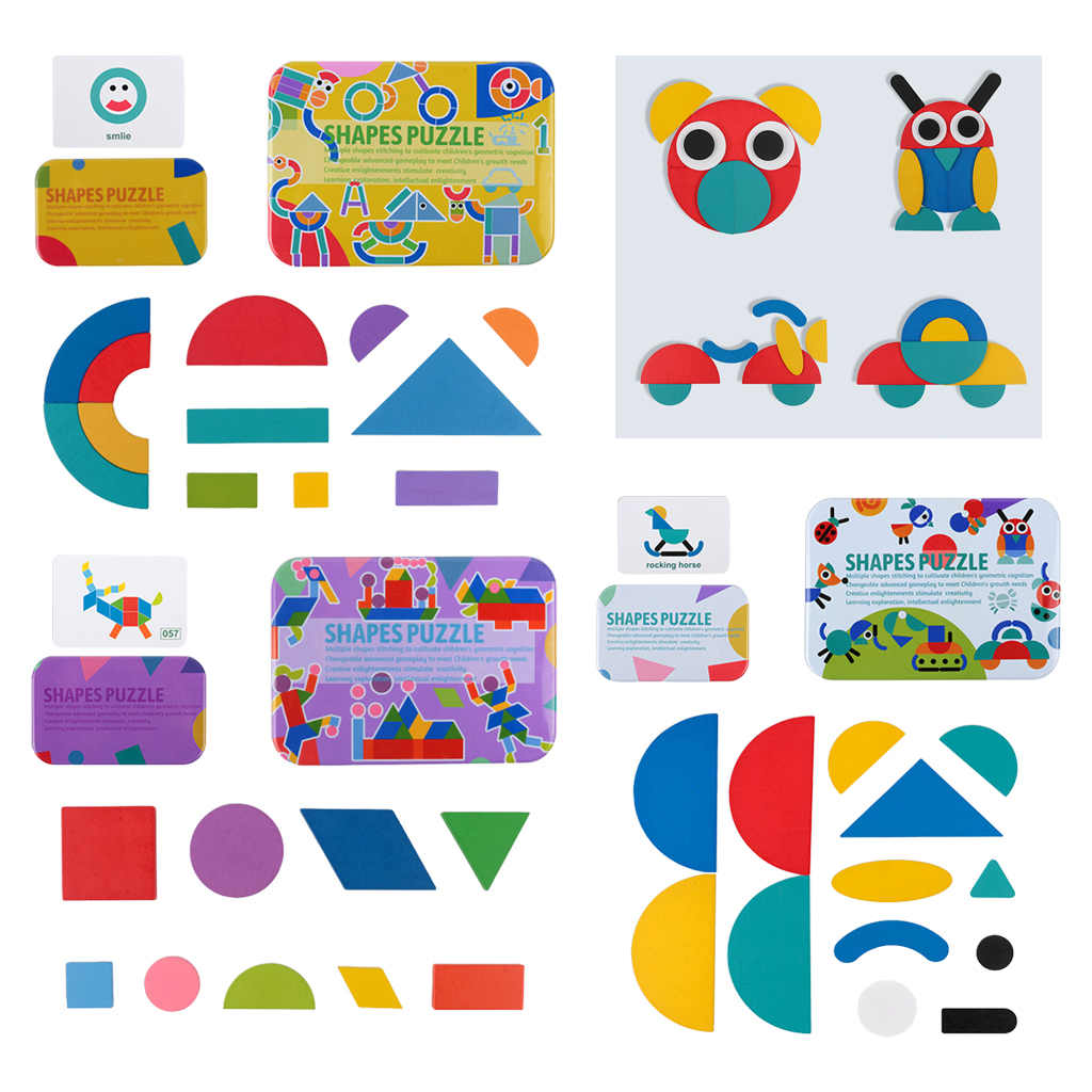 Wooden Pattern Blocks Jigsaw Geometric Shape Classic Tangrams Gift Pre-school Early Toys
