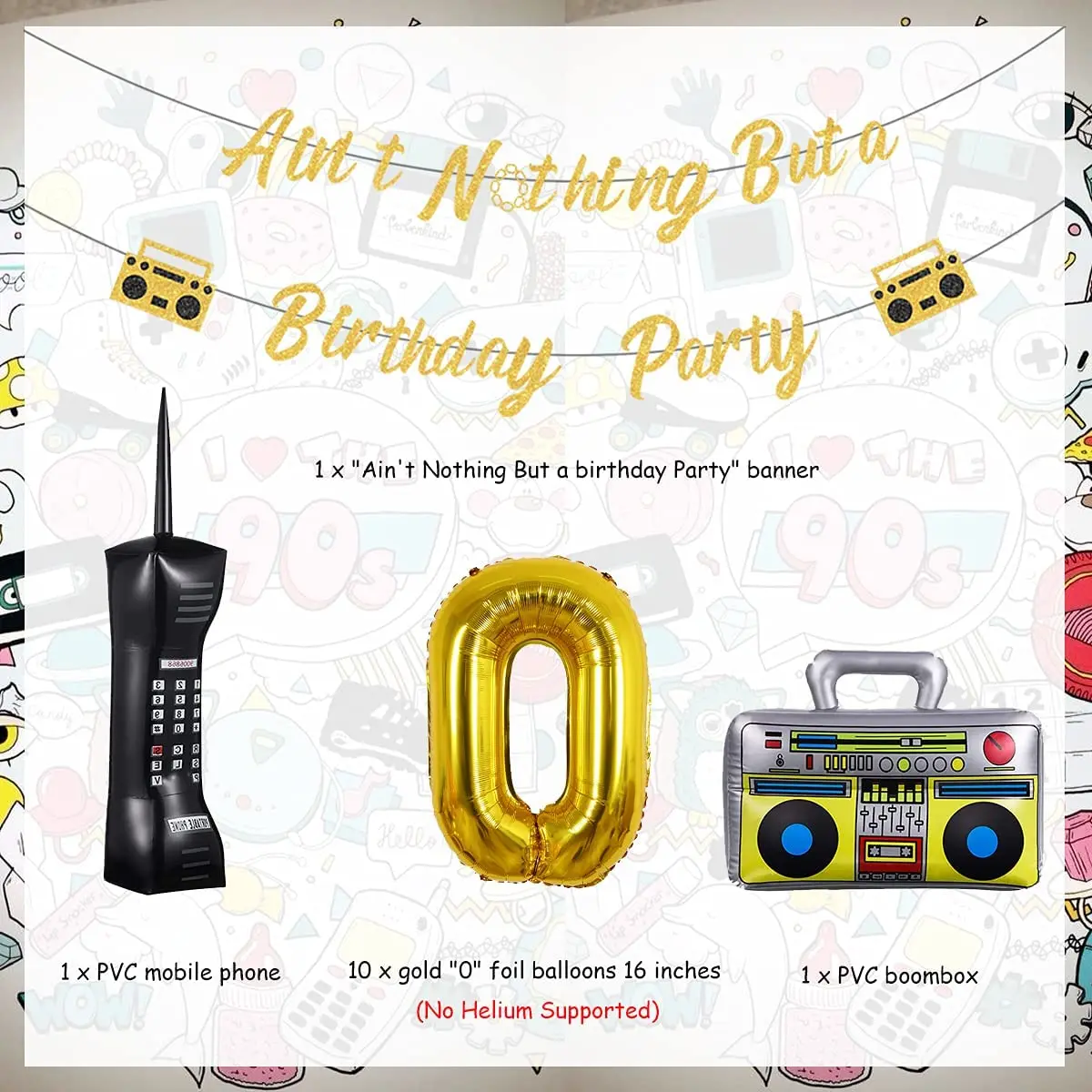 16 Gold Aint Nothing But a Gangsta Party Balloon Banner with Inflatable Radio Boombox Mobile Phone Props for 80s 90s Birthday Party Disco Themed Party Hip Hop Party Decor
