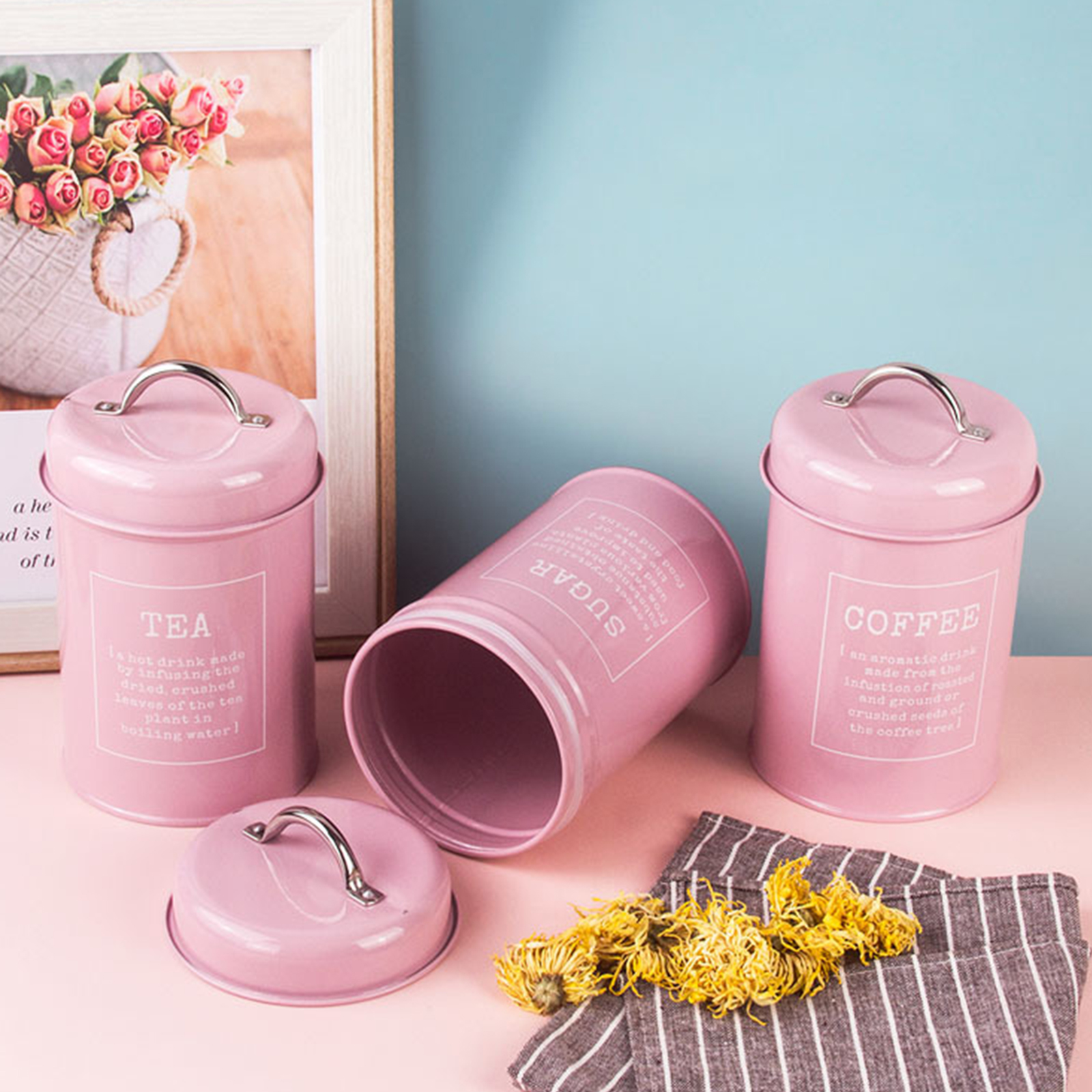 3 Pack Kitchen Food Storage Canisters with Lids Metal Coffee Tea Sugar Storage Tins Jars Set, One Size