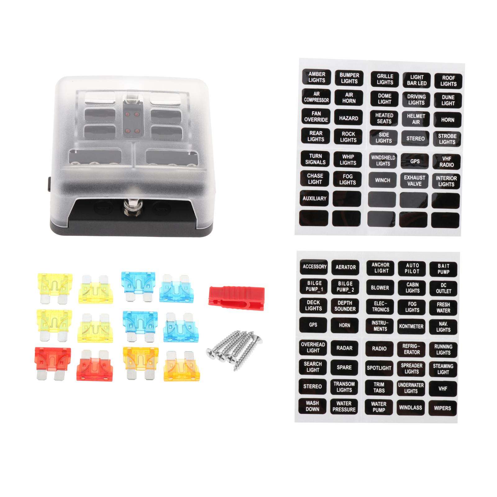 Cars LED Fuse Box PBT with Protection Cover 6 Way with LED Indicator Blade Fuse Block for RV Van Automotive Boats Marines