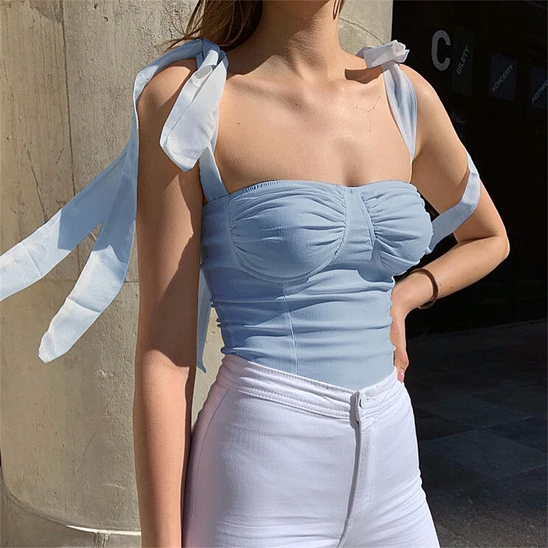 90s Blue Halter Top Y2K Aesthetic Summer Sleeveless Cropped Sexy Women Backless Camisole Tube Top E-girl Cute Sweet Streetwear