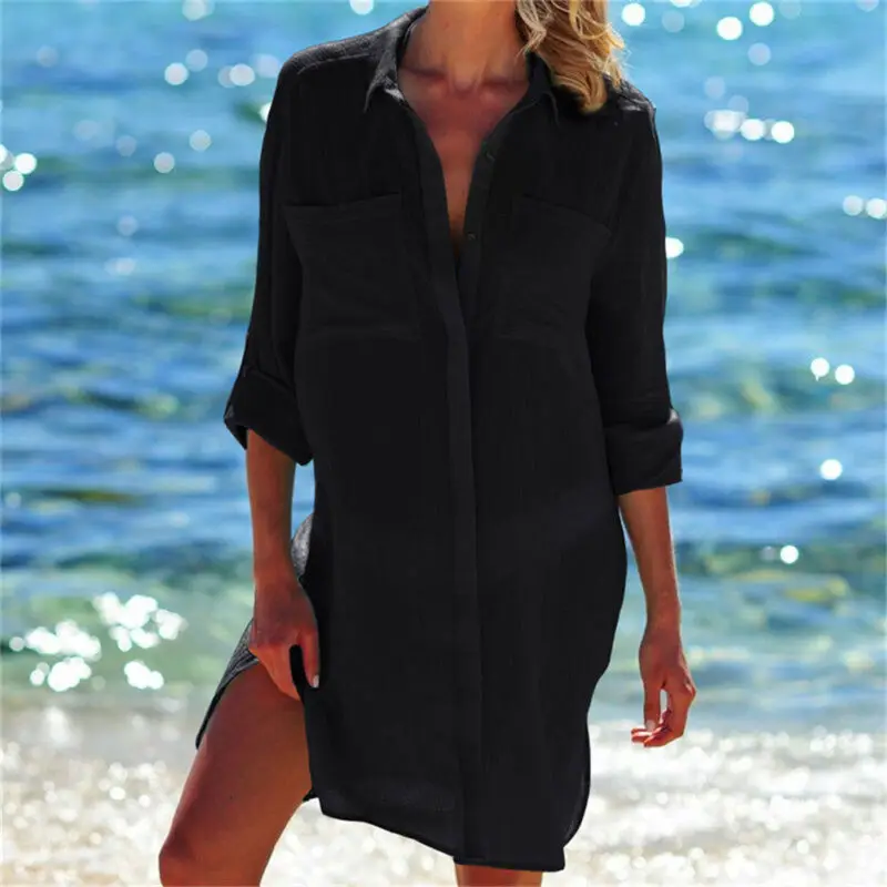 sexy bathing suit cover ups Summer Beach Thin Cover Ups Solid Color Long Shirt Long Sleeve Lapel Buttons Down See Through Casual Swimsuit Cover-Ups long beach dresses