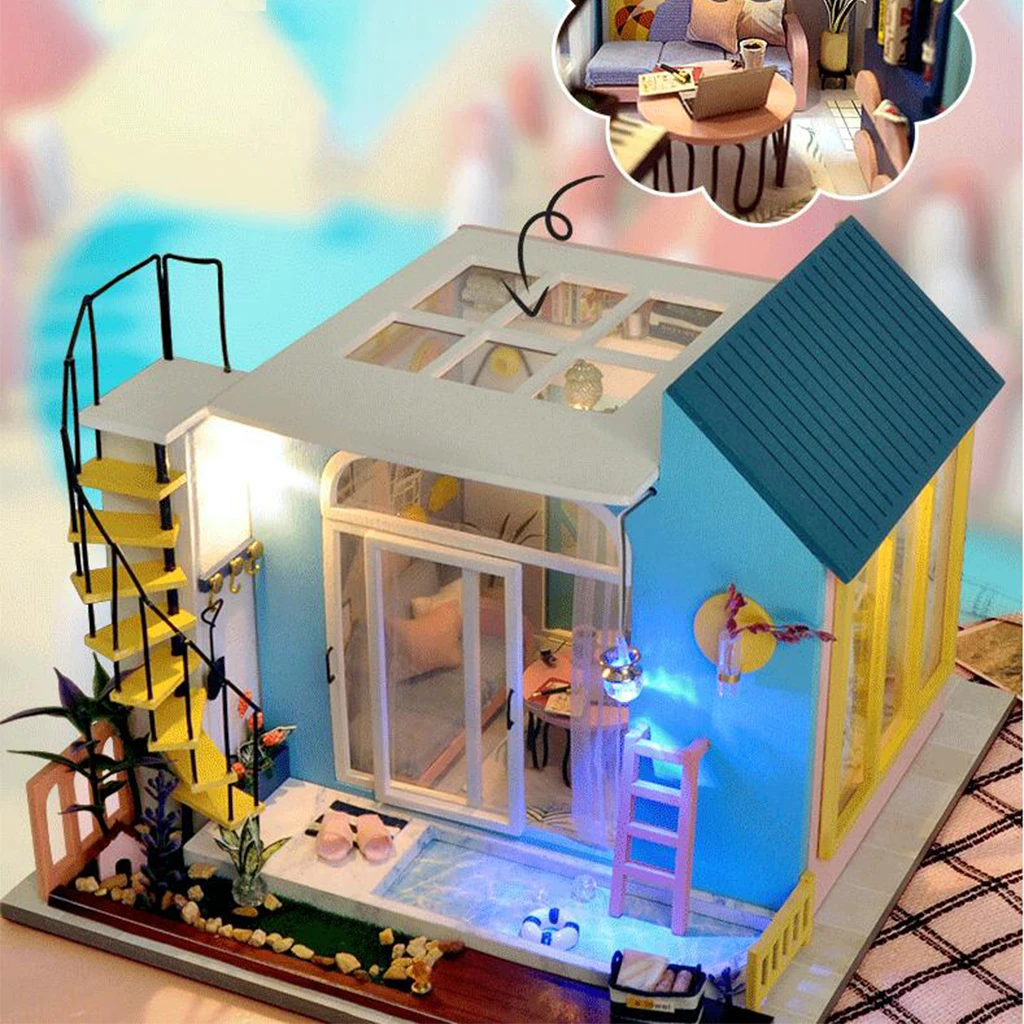 Creative DIY Dollhouse Miniature Kit with Furniture Mini Wooden Room LED Lights Birthday Gift Christmas Present