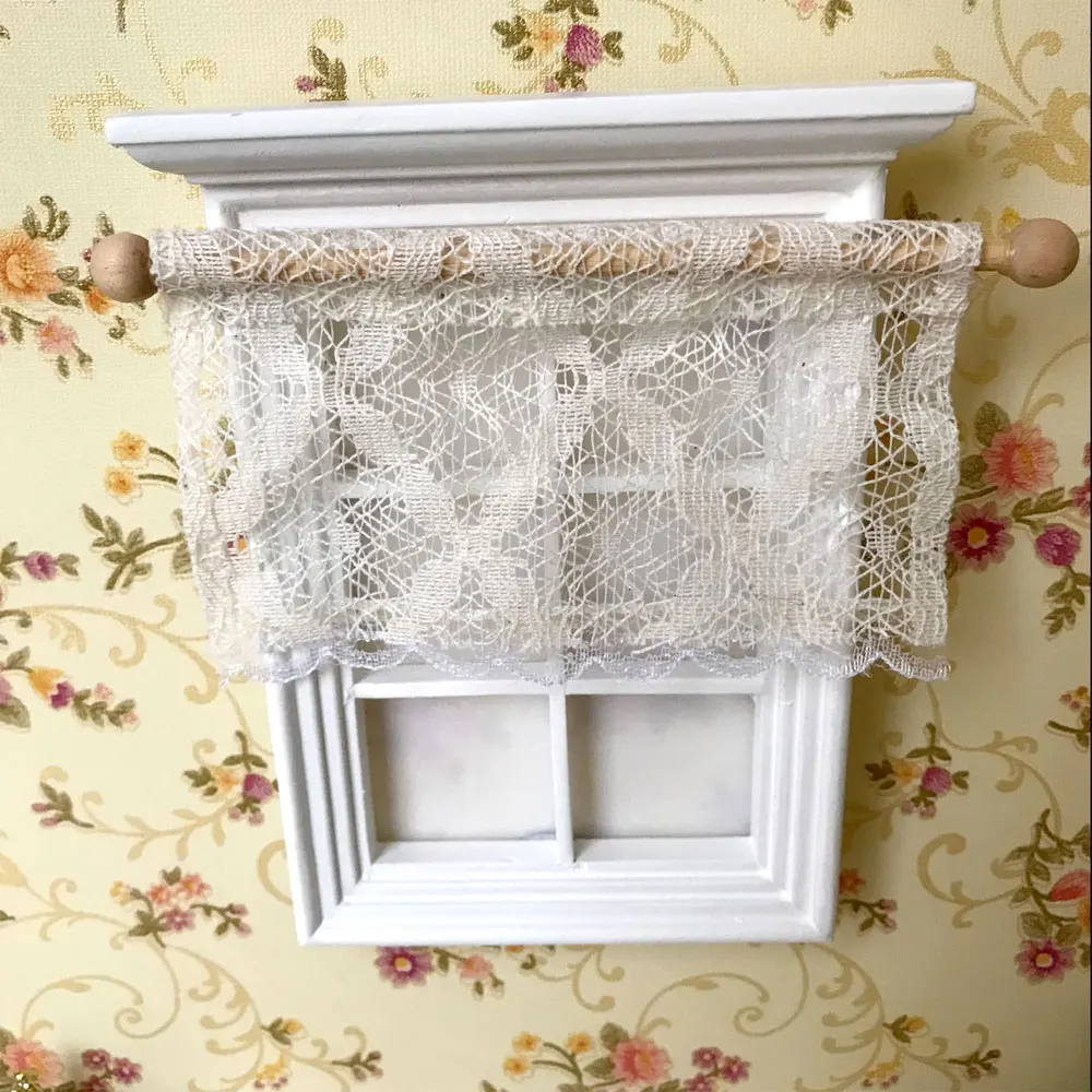 Short 1/12Dollhouse Miniature Lace Curtain/Drape With Wooden Rod Decor White