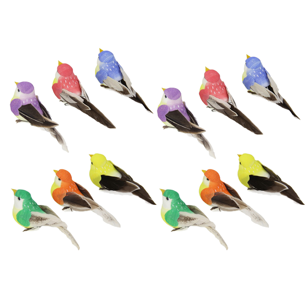 Pack of 12 Artificial Feathered Birds Garden Outdoor Statues for Bonsai Hanger Lawn Decoration