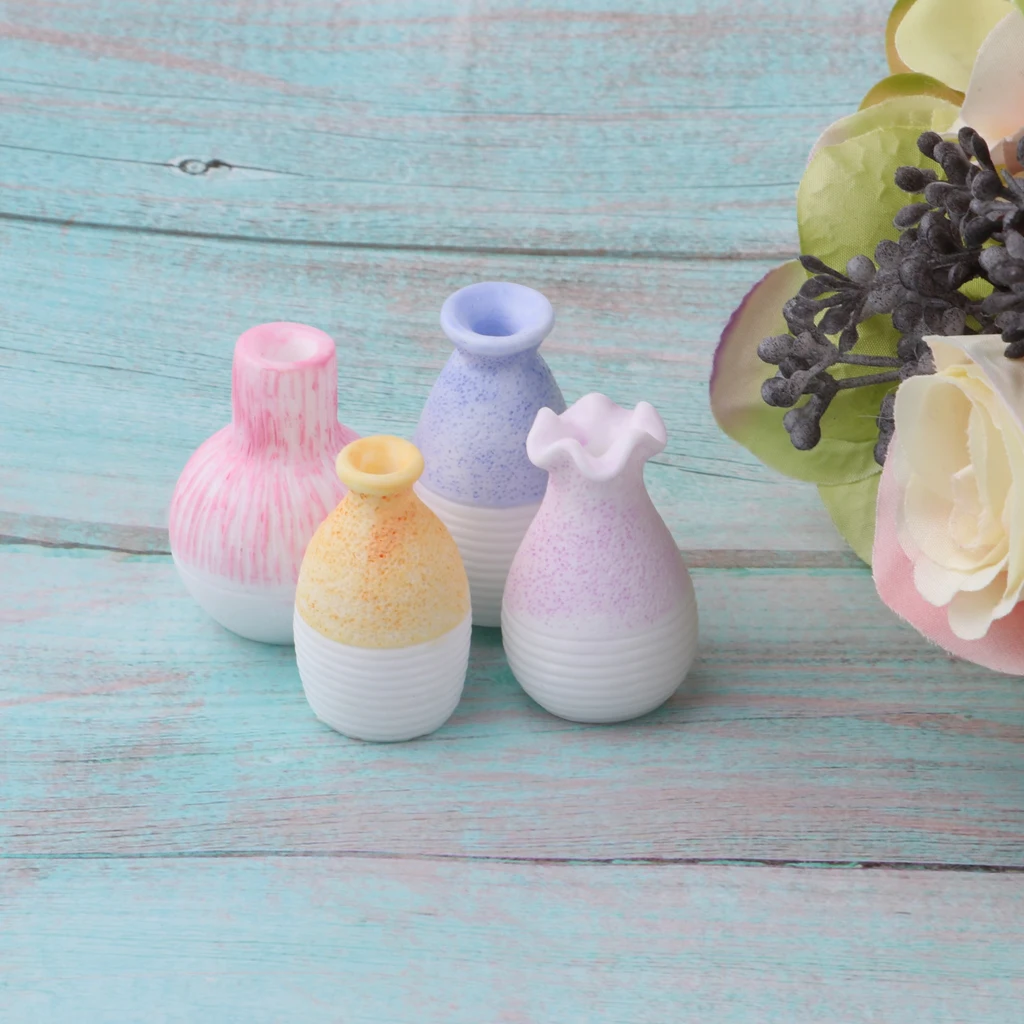 Dollhouse Miniatures Colourful Ceramic Porcelain Vases 4Pcs Set for 1/12 Scale Home Decoration Dollhouse Porcelain Vase