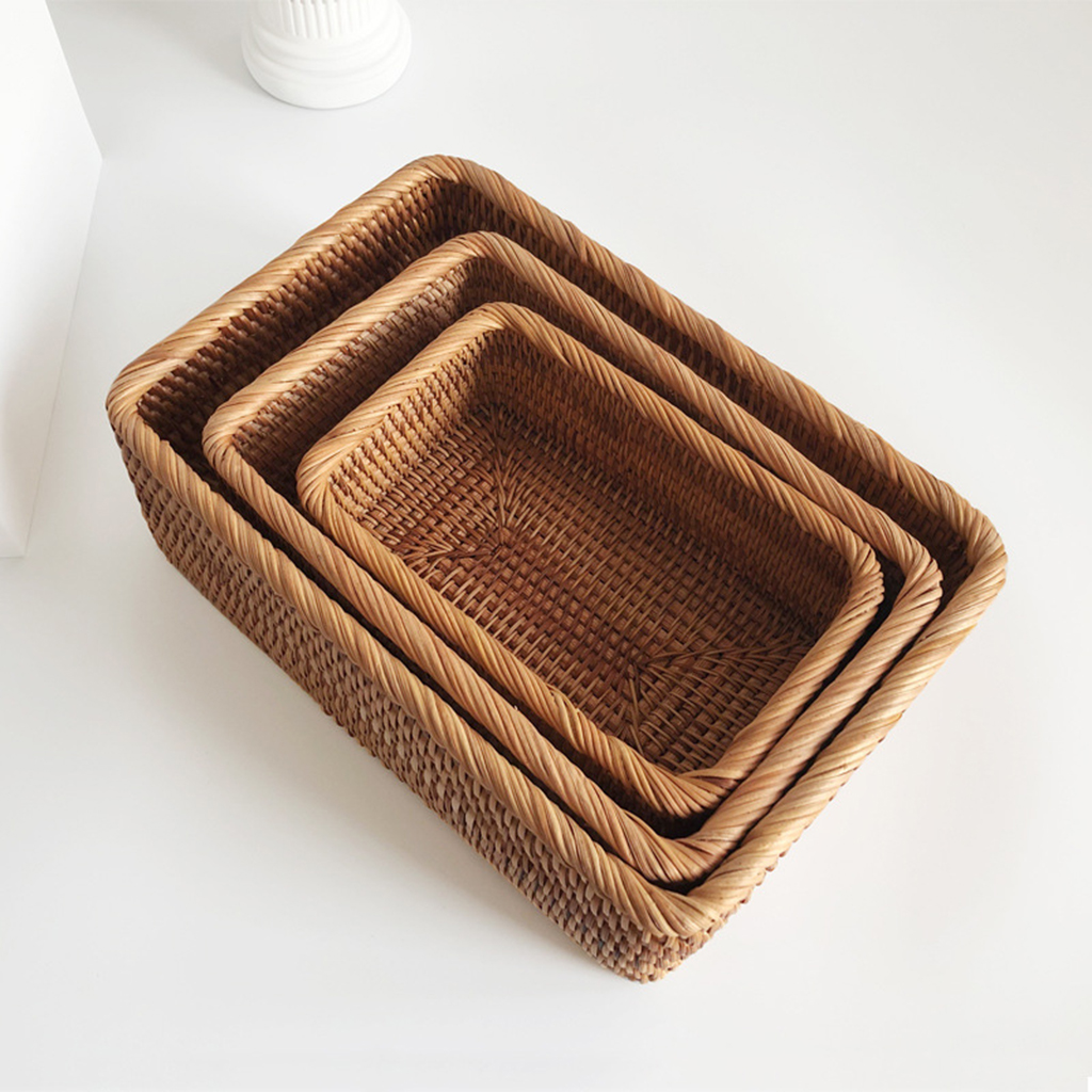 Rectangle Handwoven Bread Basket Wicker Serving Tray Tea Flower Drinks Snack Coffee Table Setting