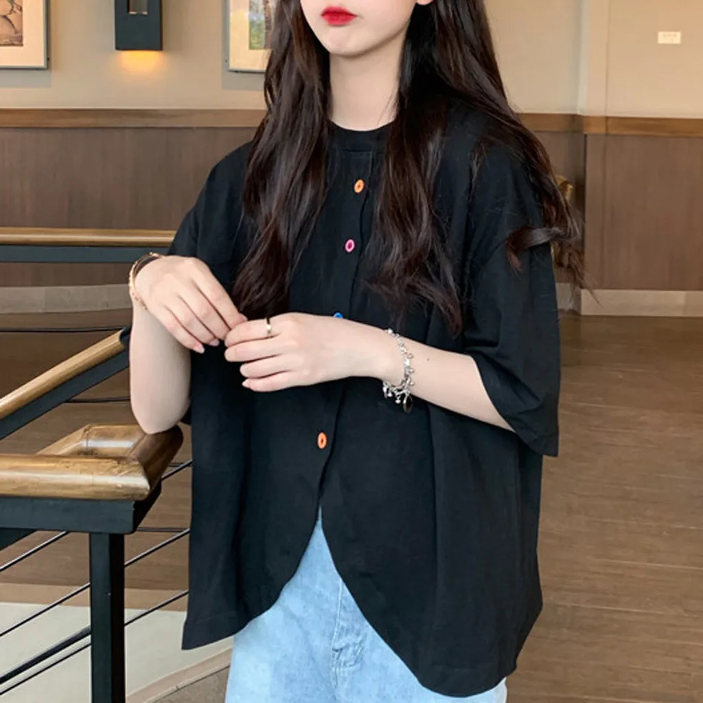 40#Women's Retro Blouses Loose Color Button O-neck Short Sleeve Shirt Irregular Spring Elegant Top Korean Sweet Blouse блузка womens shirts and blouses