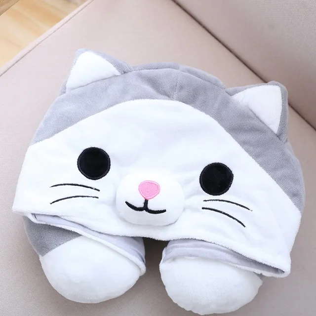 Gatto a forma di U cuscino da viaggio cartone animato carino con cappuccio  collo cuscino ufficio aereo supporto poggiatesta cuscino poggiatesta cuscino  per dormire - AliExpress