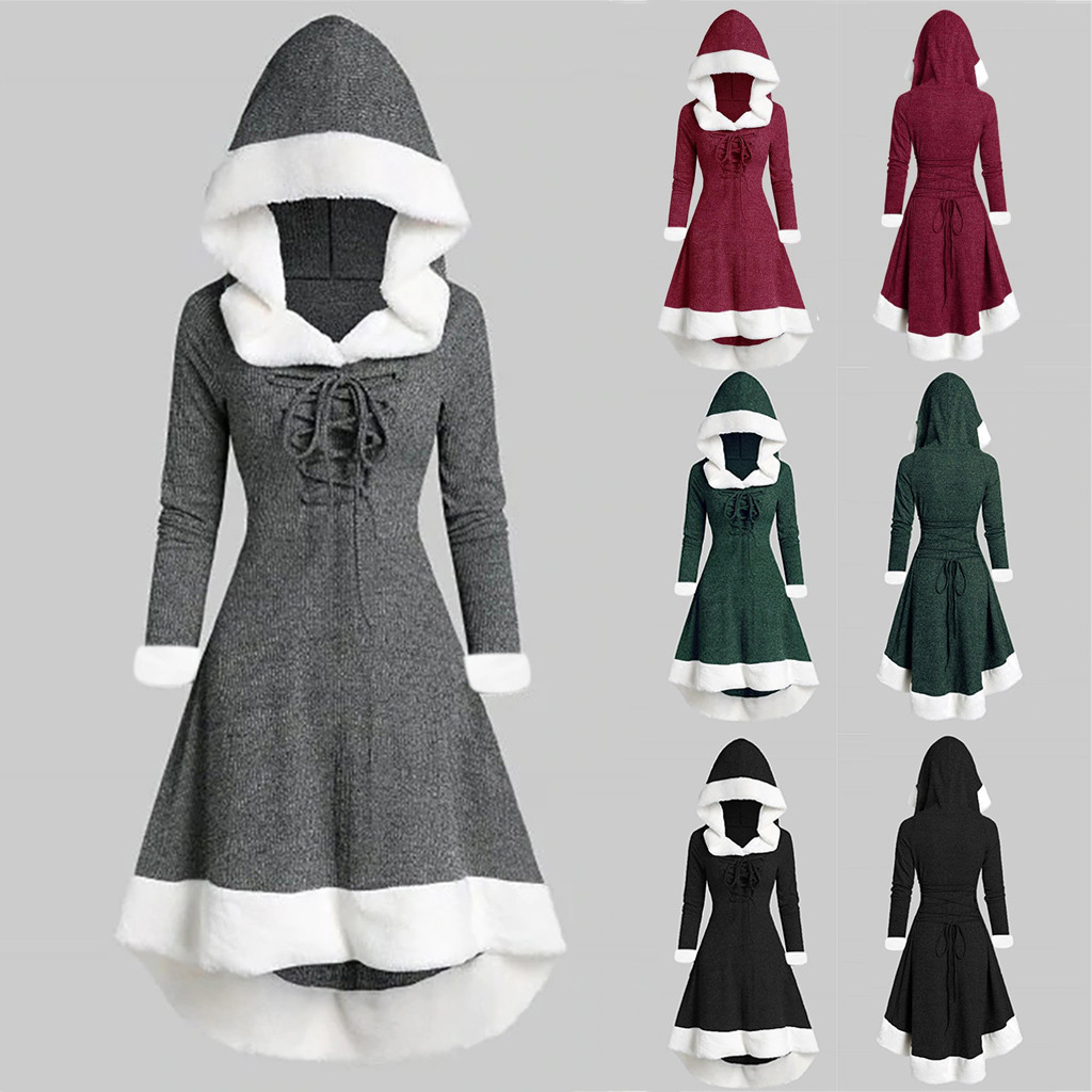 Женская Зимняя Мода С Длинным Рукавом Пэчворк С Капюшоном Винтажное Платье ...