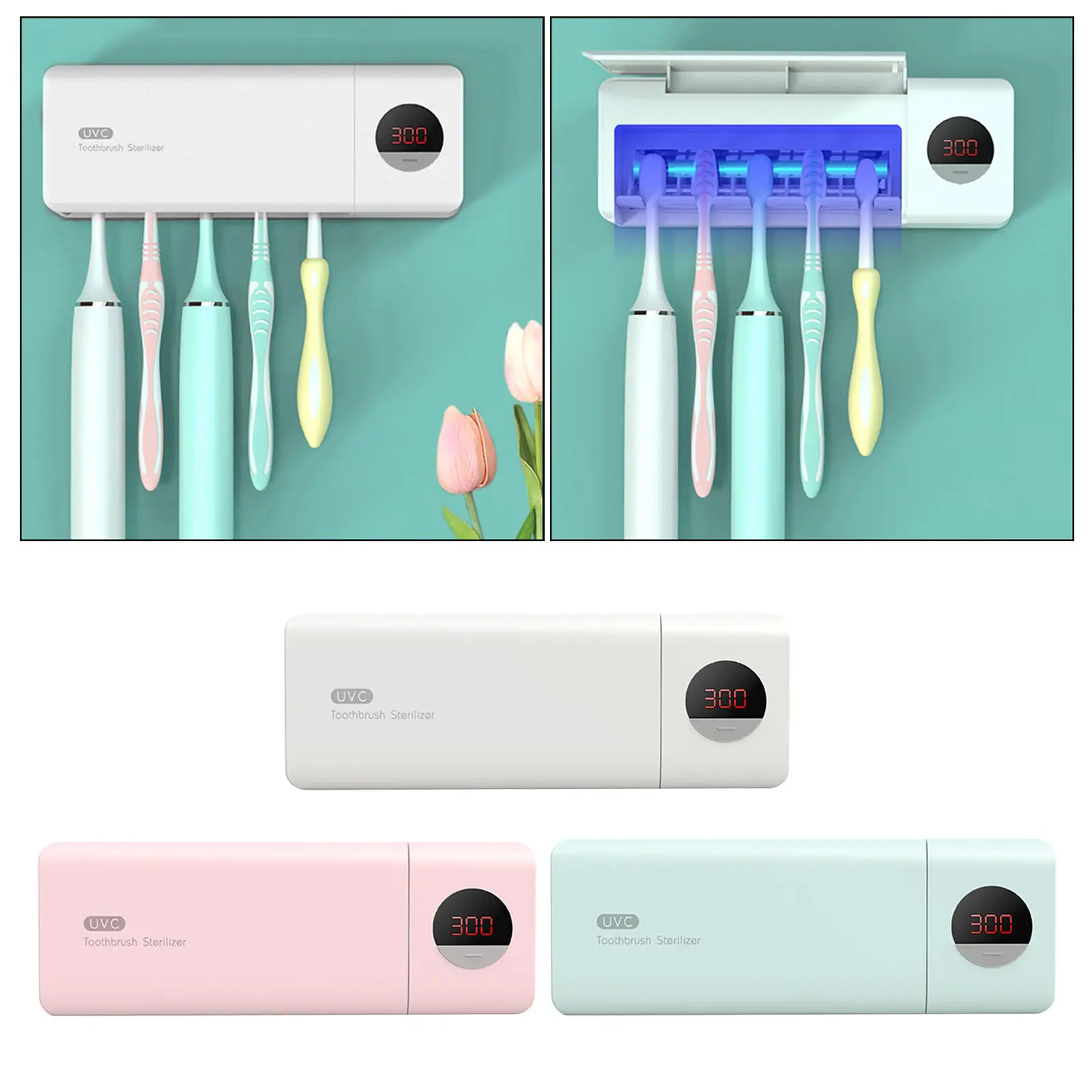 Smart Toothbrush Sanitizer UV Disinfection Bathroom Toothbrush Holder 5 Slots Drilling-Free Rechargeable Sterilizer Organizer