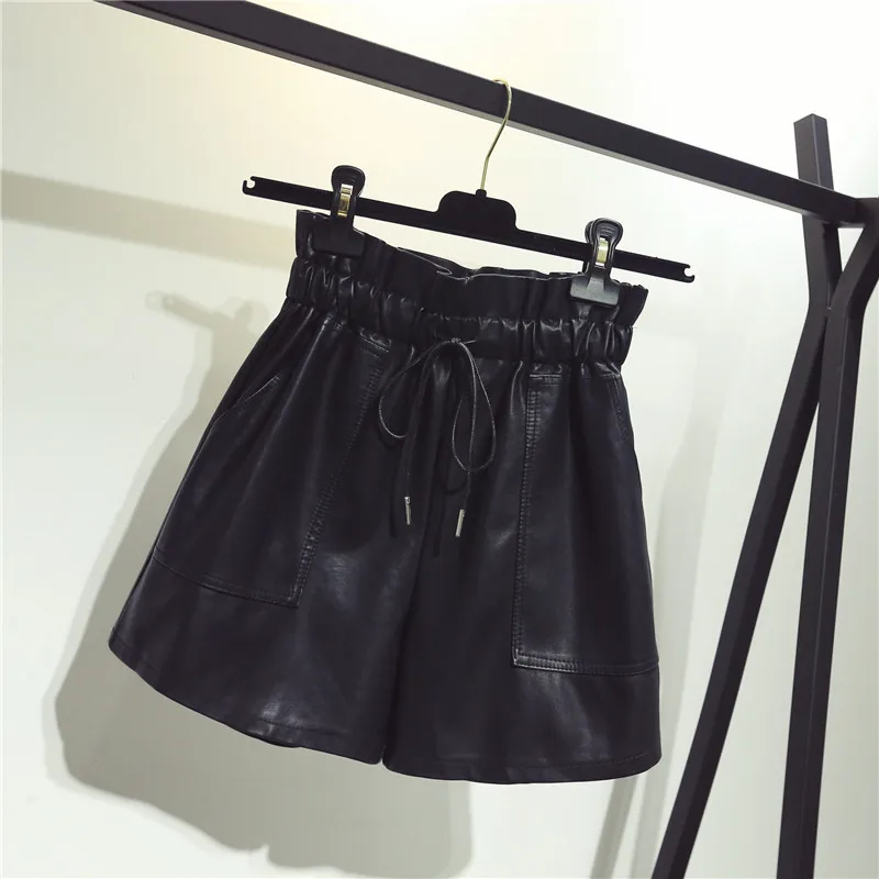 New High Waist Lace Up Shorts Flower Bud Wide Leg Leather Shorts Autumn Winter Korean Loose High Street Black Sexy Women Shorts versace jeans couture