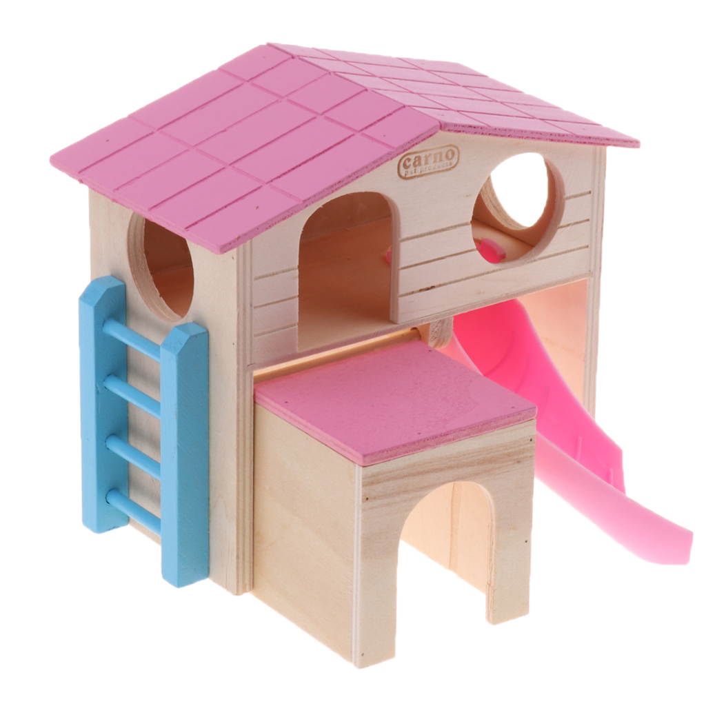 Colorful Pet Small Animal Hideout Hamster House 2 Layers With Stairs Design, Wooden Hut Play Toys Chews - Random Color