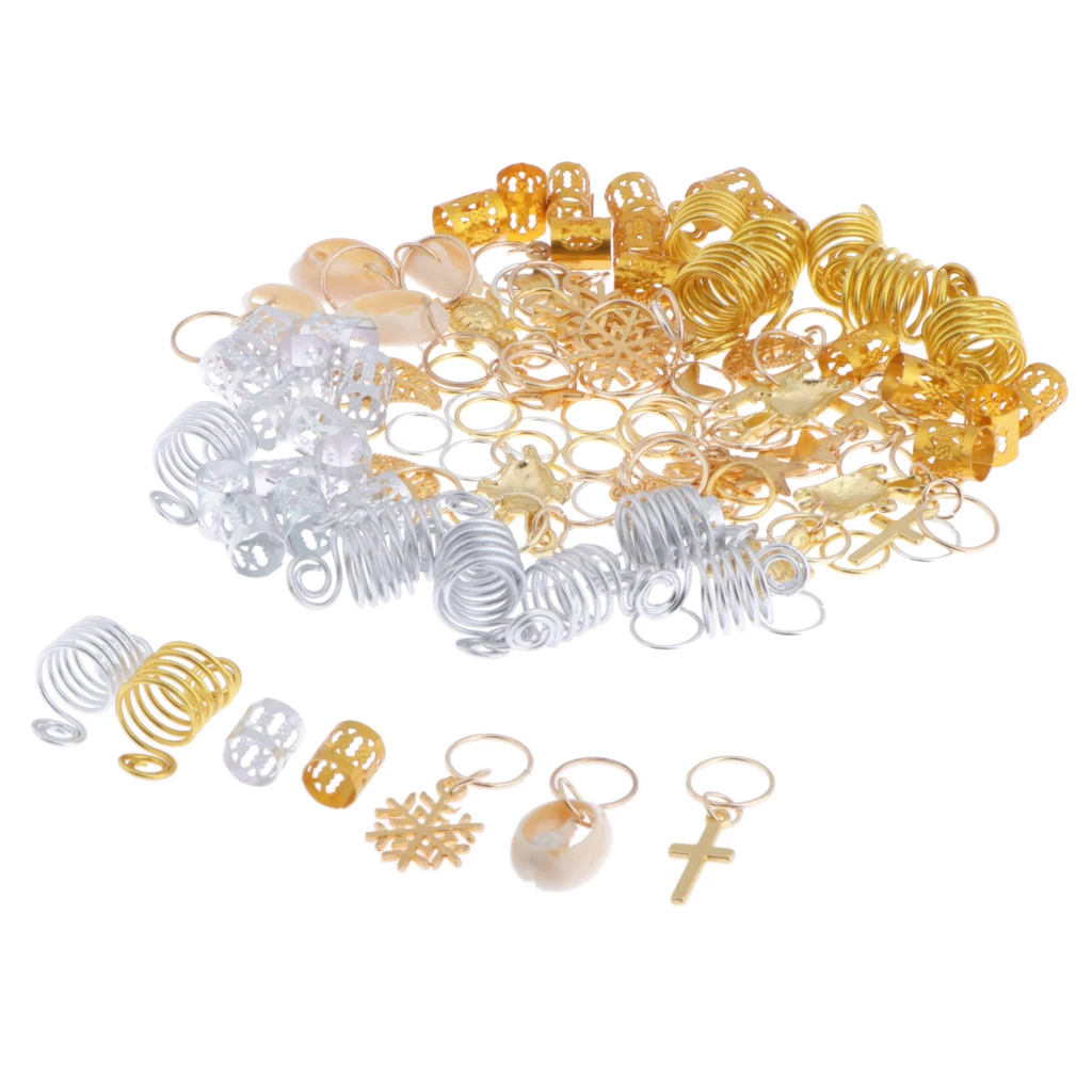 120Pcs Mixed Golden Silver  Beads Hair Rings Pendant Charms, No Rust