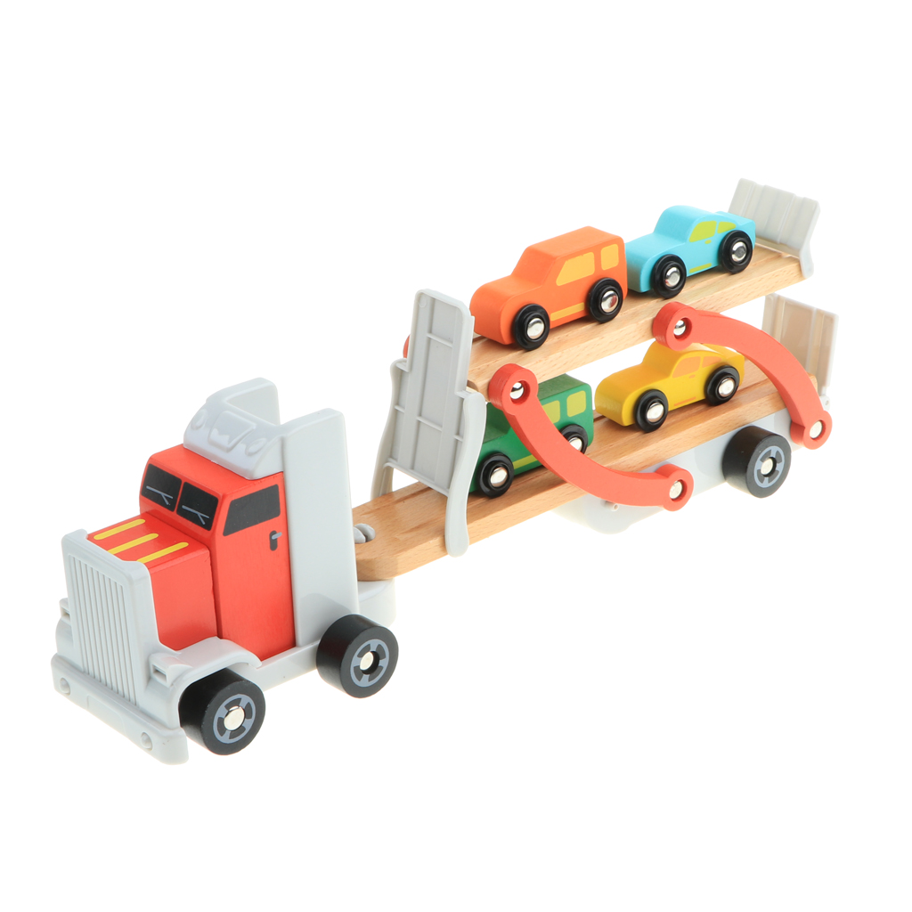 Wooden Double-Deck Car Carrier Transporter with 4 Mini Vehicles for Kids Imaginative Play , 15 x 2.75 x 4.33 inch