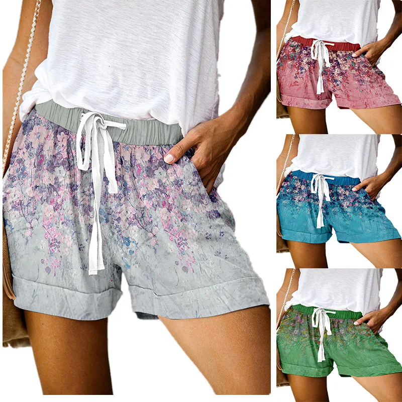2021 Summer New Women's Wear Fashion Floral Print Short Pant Casual Wide Leg Loose Female Shorts Street Drawstring Pocket Pants nike shorts women