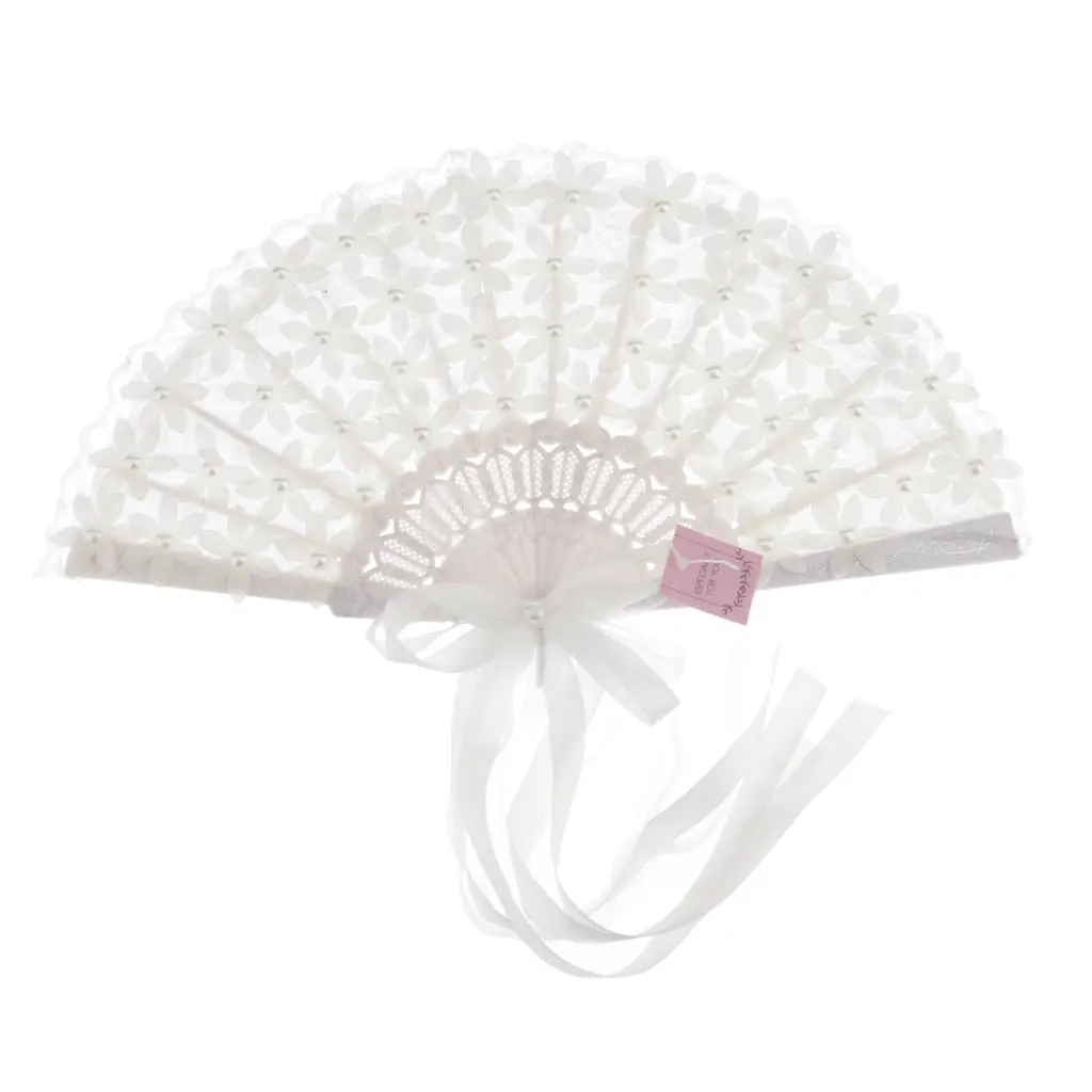 Cotton Lace Folding Handheld Fans, Cute Flower Bridals Hand Fan with Ribbon And