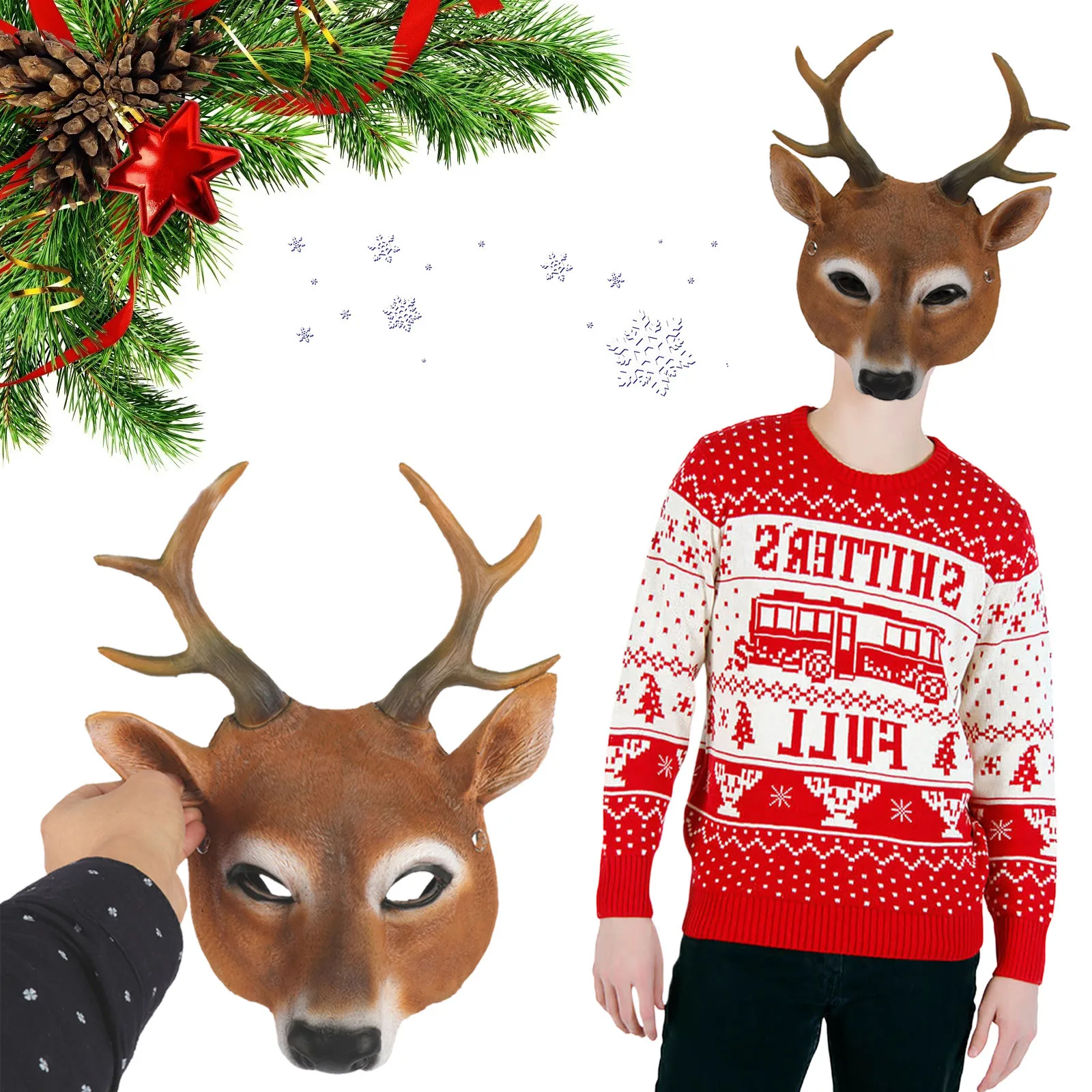 Deluxe Christmas  Reindeer Latex Mask Adult Full Head Xmas Deer Costume Prop 