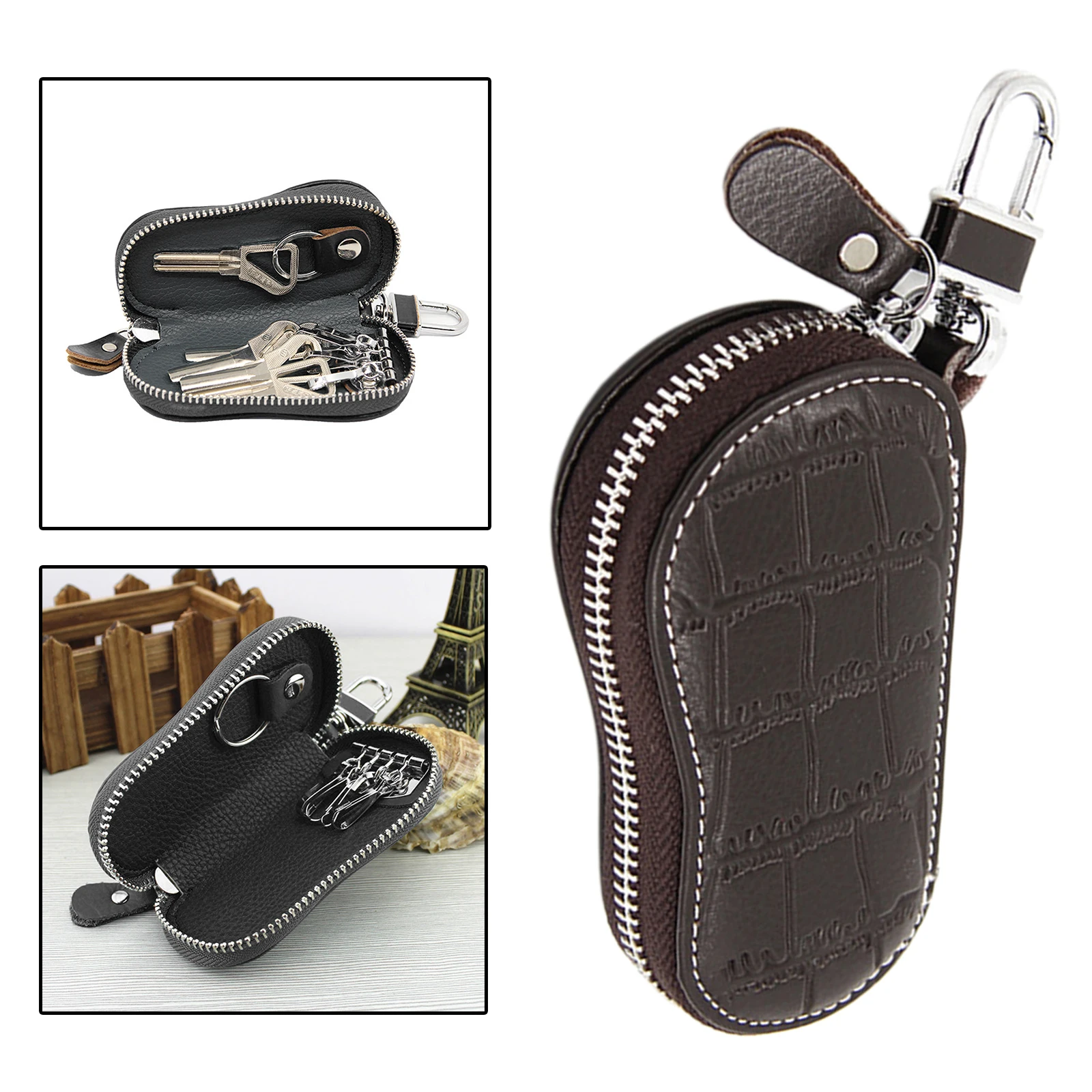 Men Women Car Key Case Card Holder Mini Genuine Leather Keychain Zipper Multi Functional Organizer Pouch