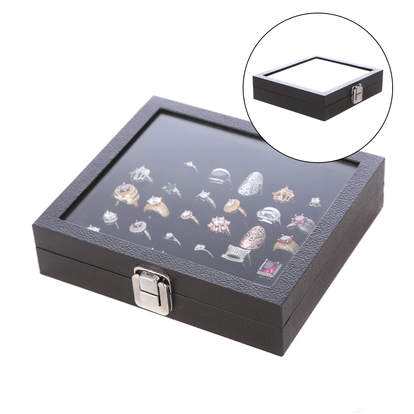 36 Slot Black Rings Display Box Jewelry Storage Case Holder Showcase Rings Cufflink Jewelry Tray With Lid