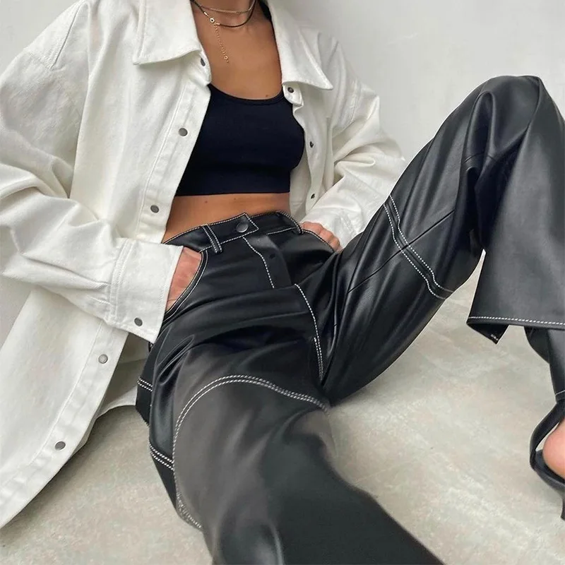 High Waisted Straight Leather Trousers Women Zipper-Up Color Block Casual PU Leather Pants Women Autumn Trousers OL Clothes