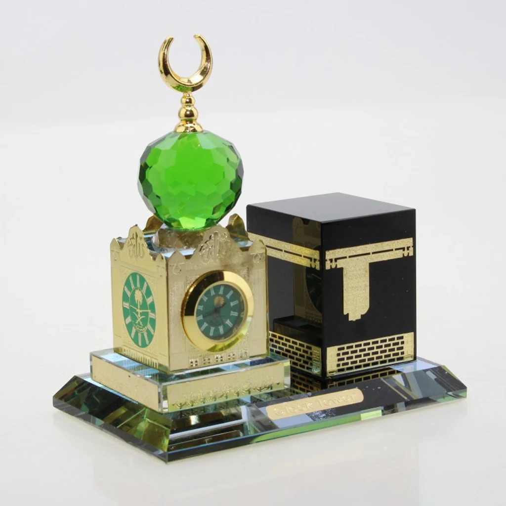 Eid Muslim Crystal Ramadan Architecture Miniature Ornaments Clock Statue Islamic Building Figurines Gift for Home Office Room