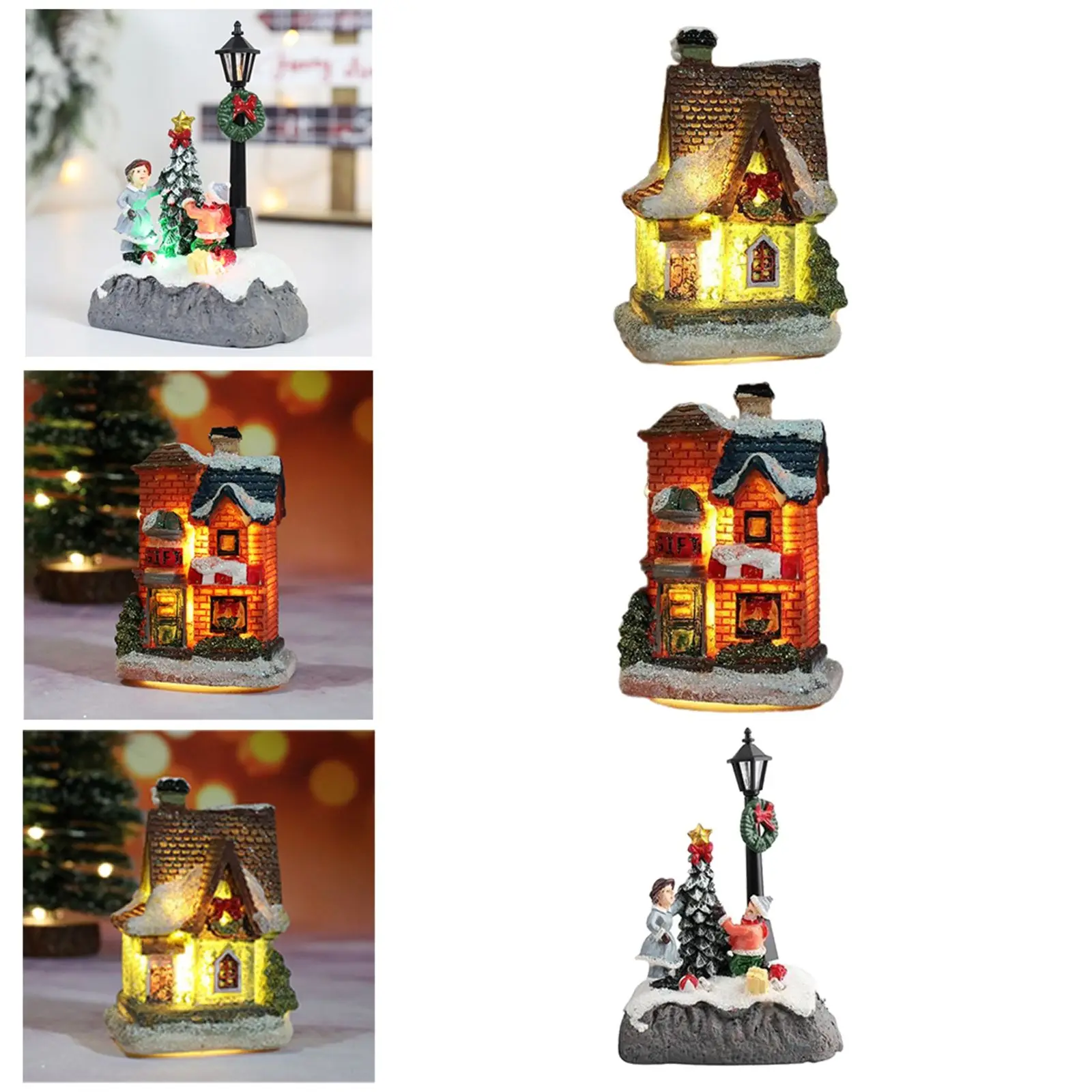 2x Christmas Snow House Cottage LED Resin Village Lamppost Dollhouse Set Desktop Fairy Garden Holiday Festival Decor Ornament