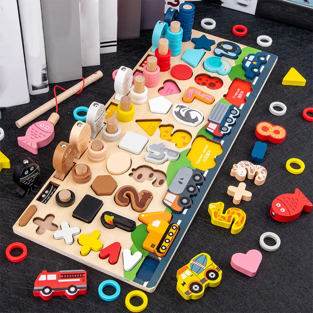 Wooden Number Puzzle Shape Match Pegs Board Counting Fishing Game Teaching Aids Sensory Learning Board for Kids Gift