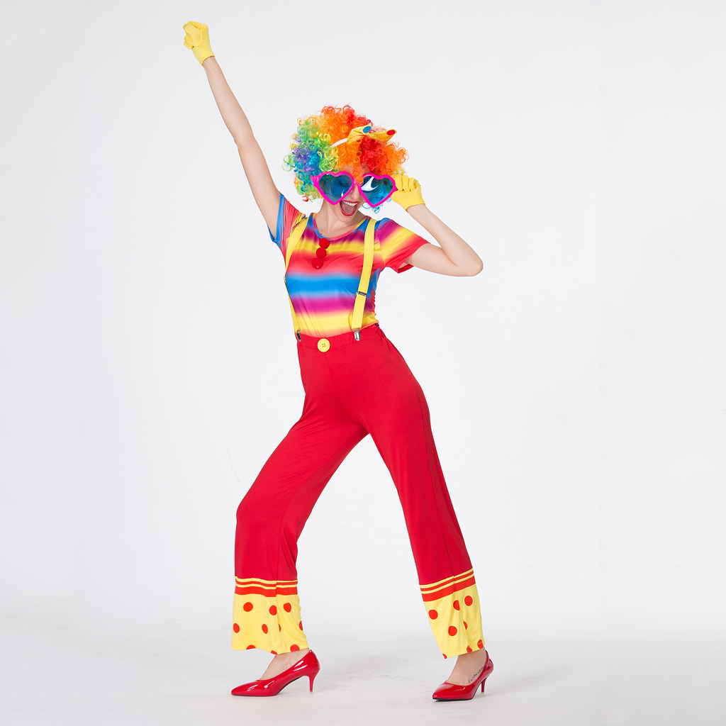 Set of 5 Pieces Adults Women Ladies Funny Clown Joker Costume Festival Circus Party Dress Up Outfit Rainbow Color