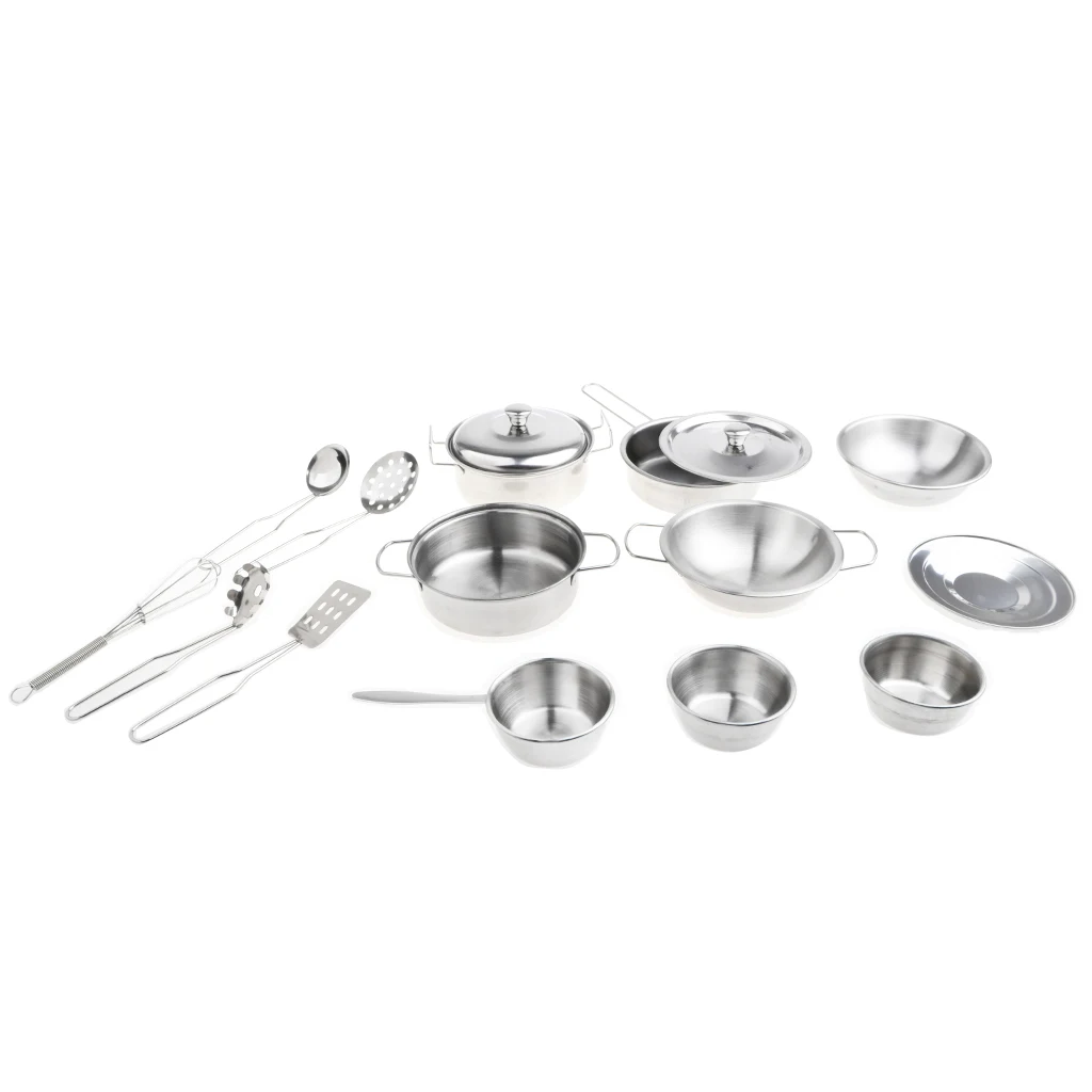 16pcs Stainless Steel Cookware Kitchen Toy Kids Pretend Play House Sets