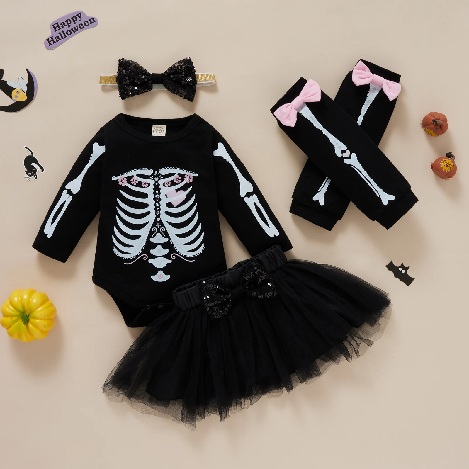 4pcs Baby Girls Halloween Clothes Set Fashion Skeleton Bow Knot Printed Pattern Romper Skirt Foot Cover and Headdress Outfits baby clothes penguin set