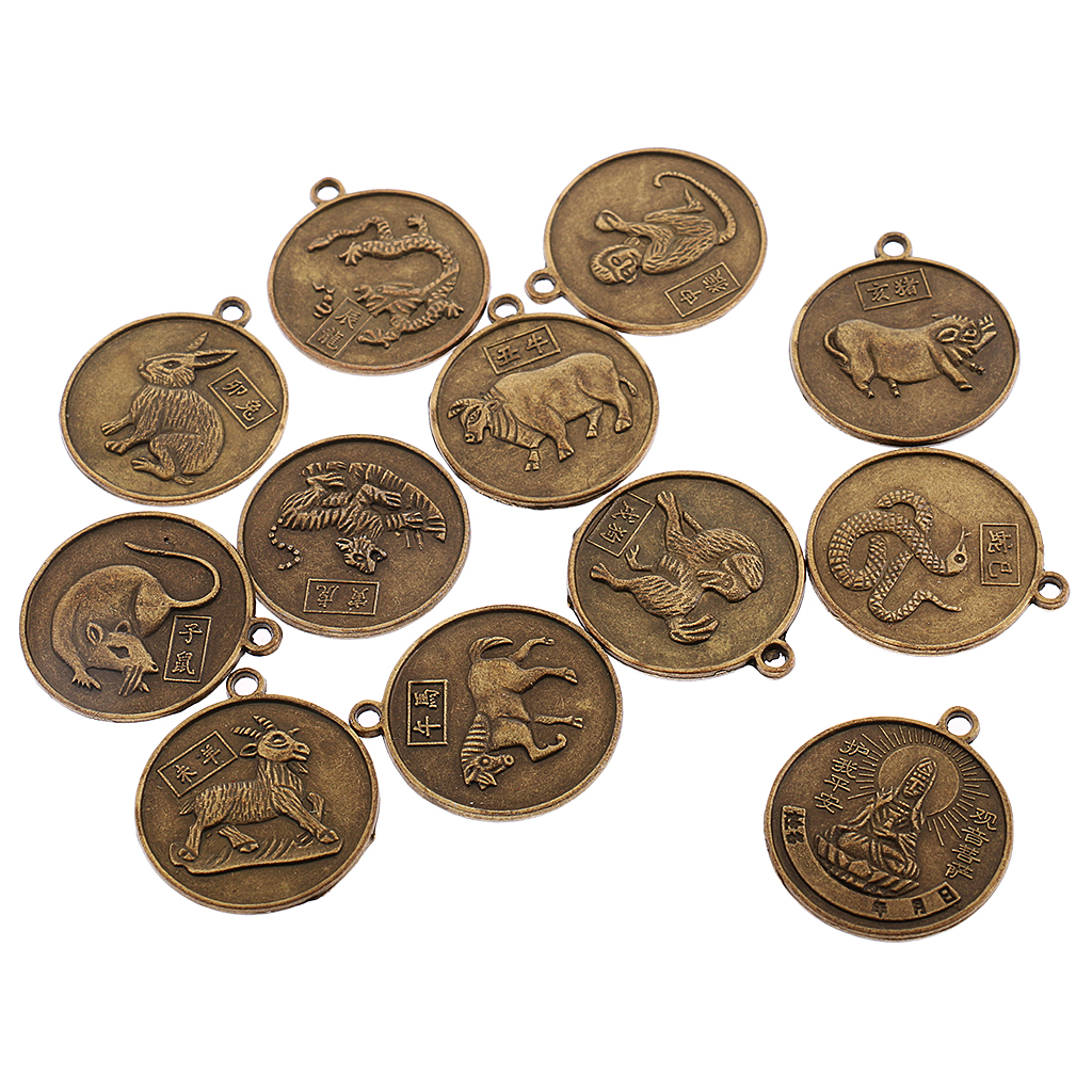 12pcs Bronze Chinese Zodiac Horoscope Animals Charms Necklace Amulet Pendant