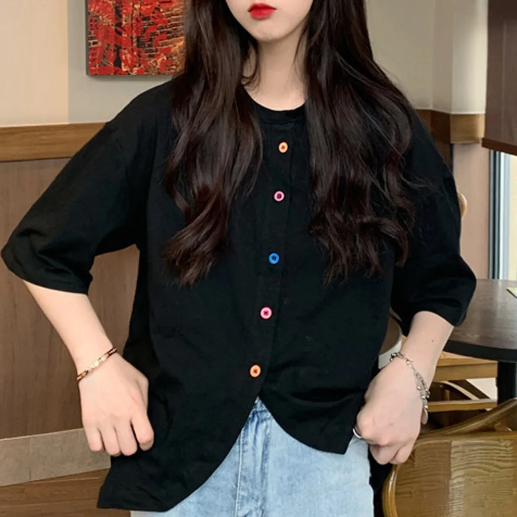 40#Women's Retro Blouses Loose Color Button O-neck Short Sleeve Shirt Irregular Spring Elegant Top Korean Sweet Blouse блузка womens shirts and blouses