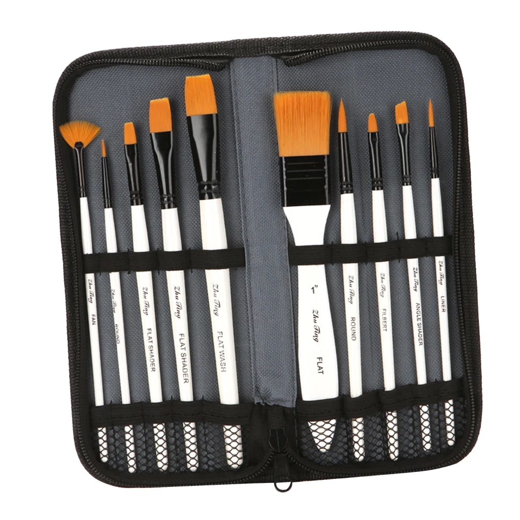 10Pack Mix Nylon Hair Art Artists Painting Brushes Set with Zipper Carry Case