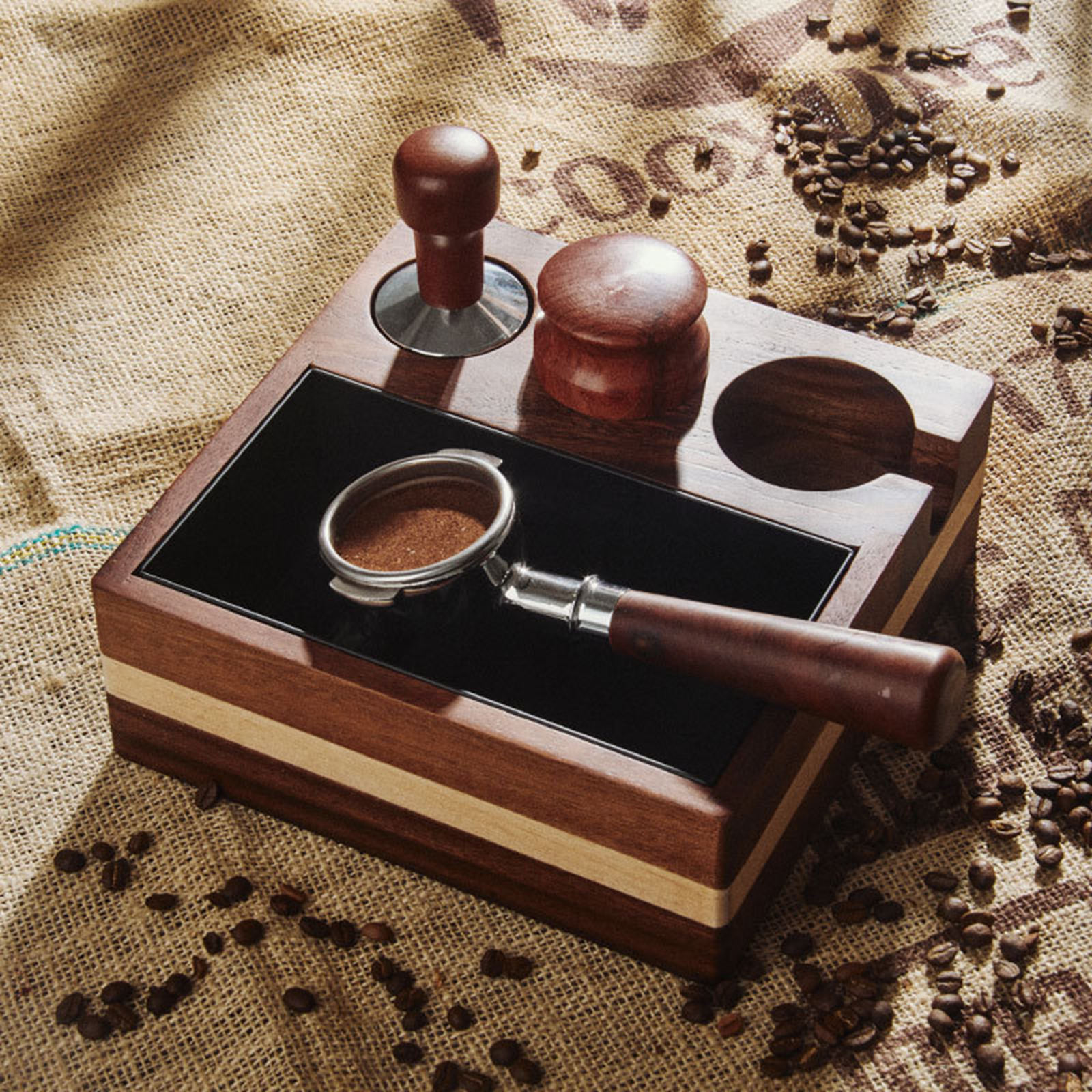 4 in 1 Espresso Tamper Stand Wooden Coffee Tamping Stand Coffee Tools Accessories with Coffee Knock Slag Box Espresso Tamper Mat