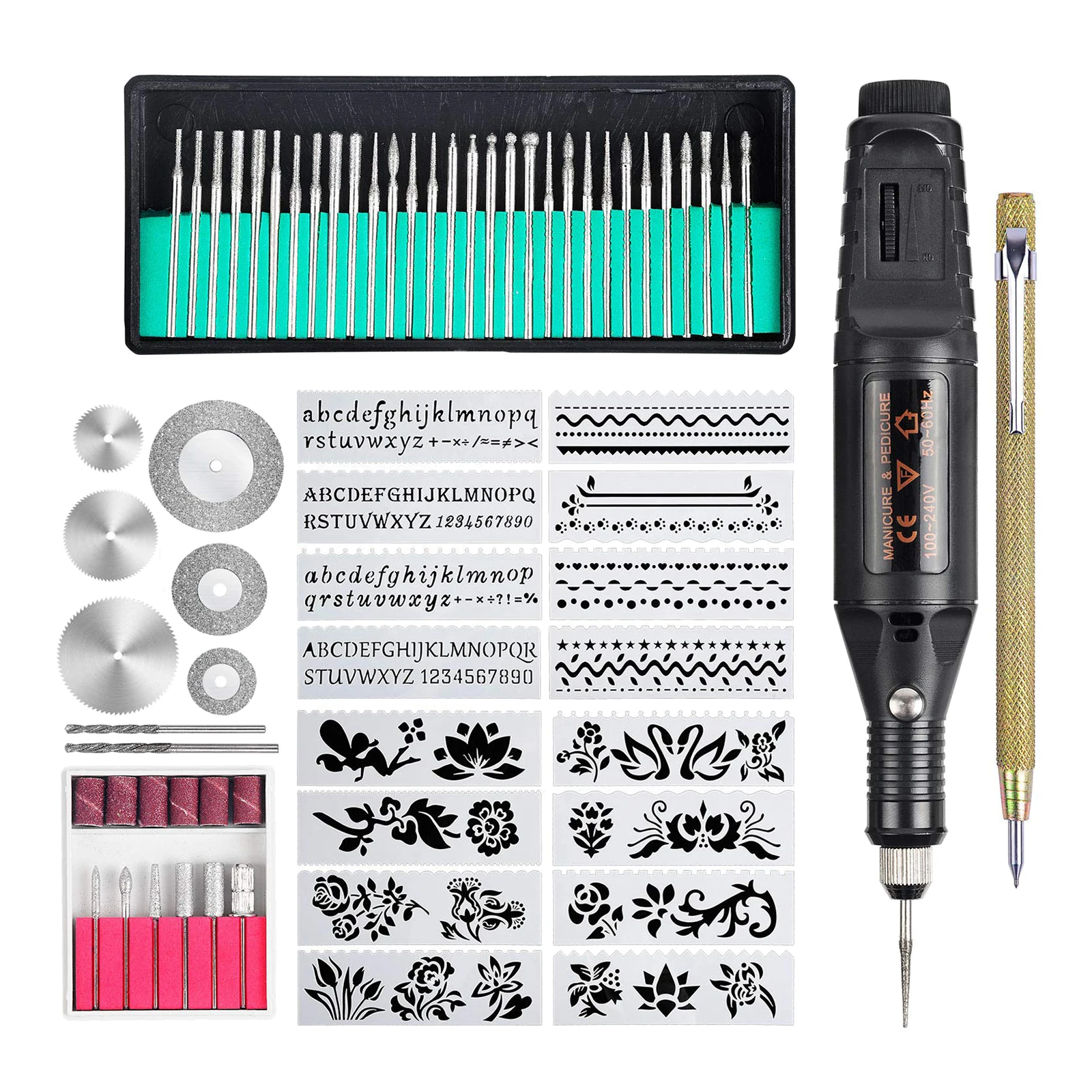 Micro Engraver Pen Metal Glass Mini Diy Engraving Tool including Scriber Bits Stencils