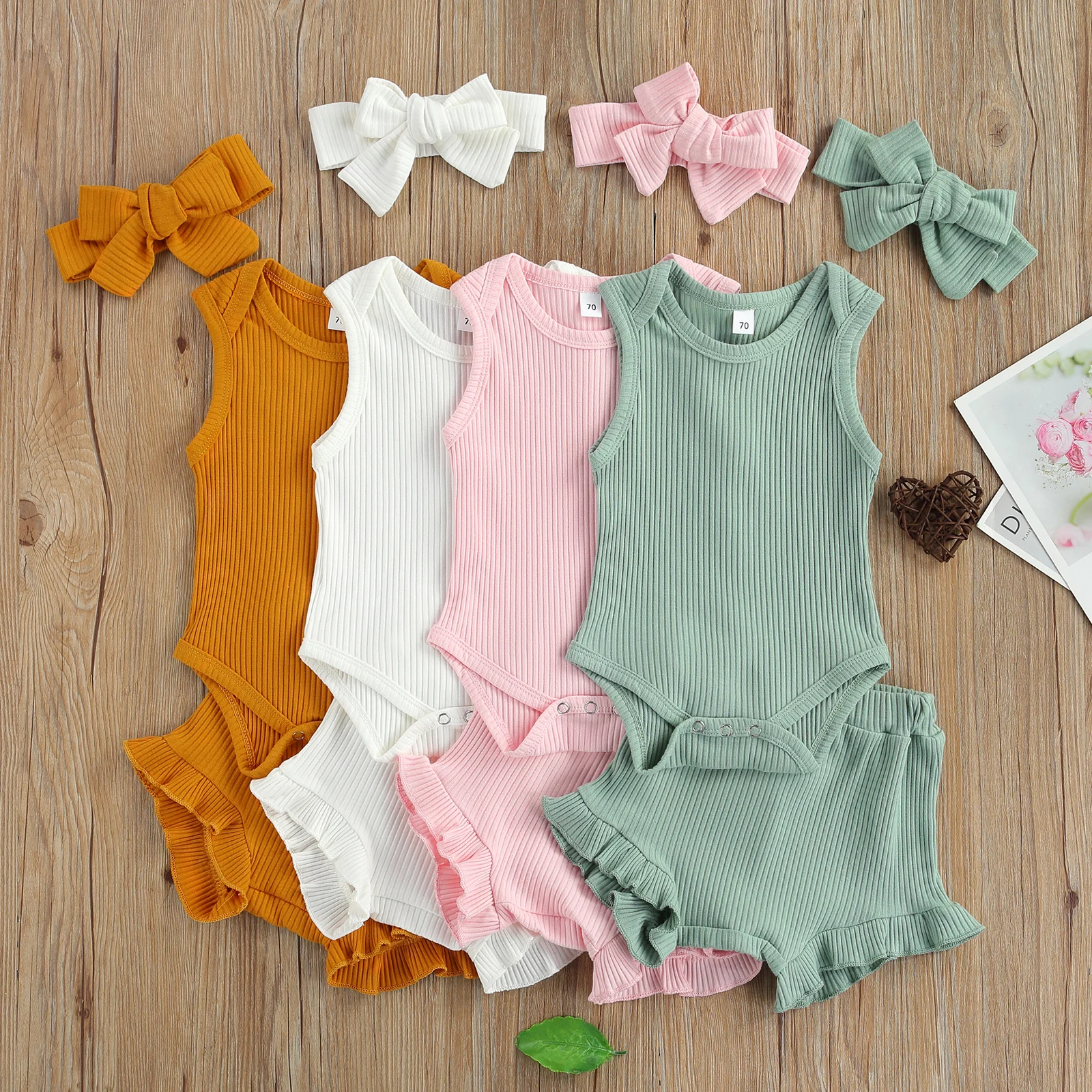Summer 2021 Kids Baby Girls Clothes Set Cotton Ribbed Solid Color Sleeveless Romper+Shorts+Headband for Toddler Infant Costumes Baby Clothing Set luxury