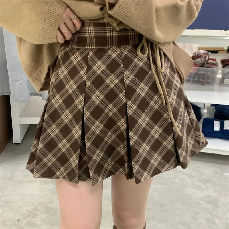 malha topos império plissado xadrez mini saias mujer moda coreana
