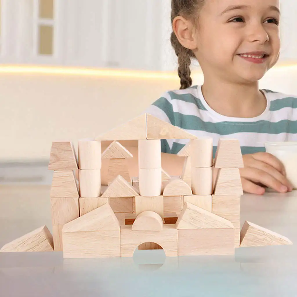 Geometric Wood Building Blocks Learning Shape Cognition Fine Motor Skills Construction Game Boys Girls Kids Children Preschool